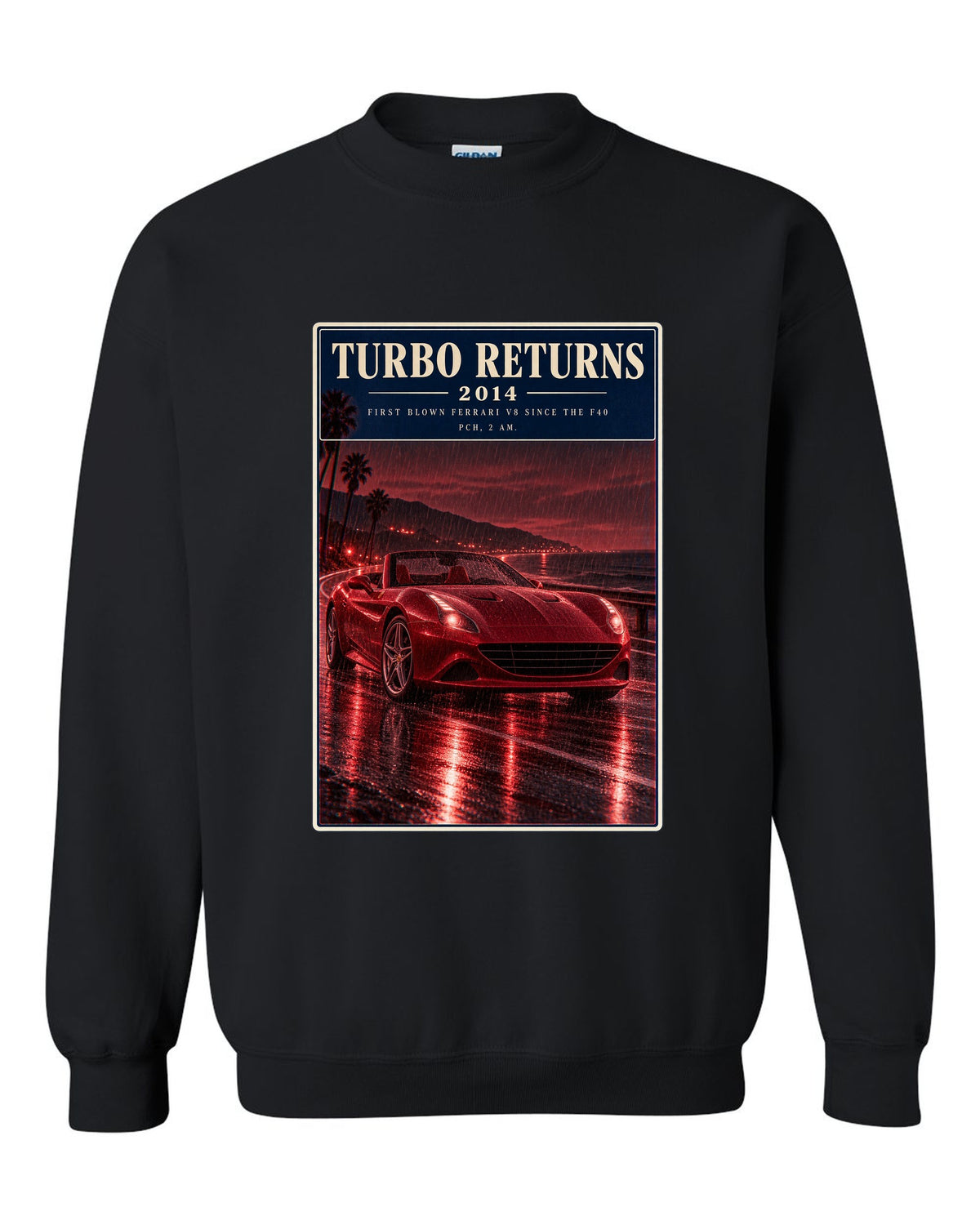 Red monochrome night street print of the Ferrari California T black crewneck front view with the design