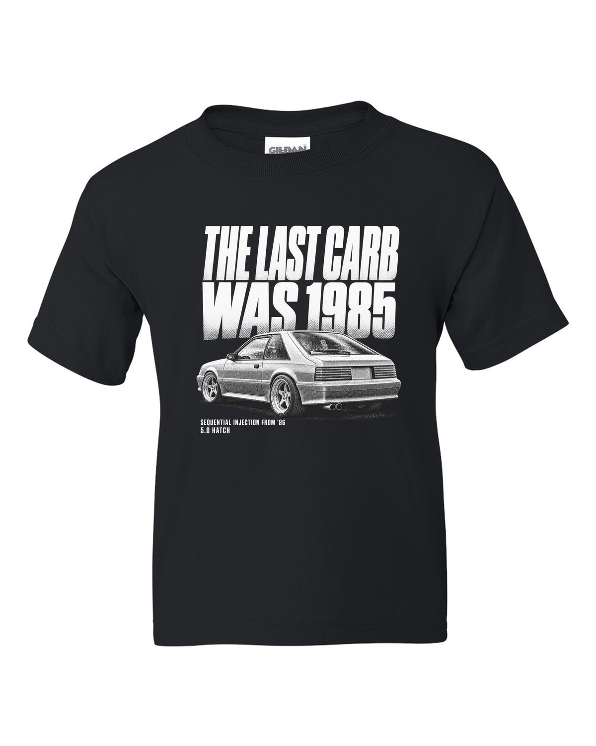 Halftone print of a 1986-89 Ford Mustang Fox Body GT chback black kids tee front view with the design