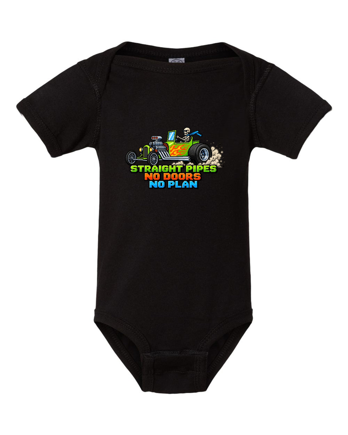 8/16-bit pixel art print of a Ford T-bucket hot rod with Straight Pipes No Doors lettering black baby onesie front view with the design