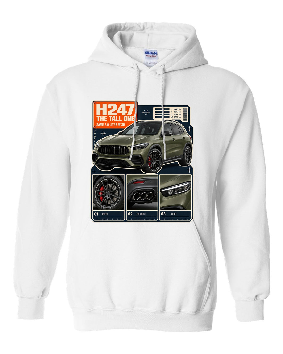 Mercedes-AMG GLA 45 S H247 dossier panel print white pull over hoodie front view with the design