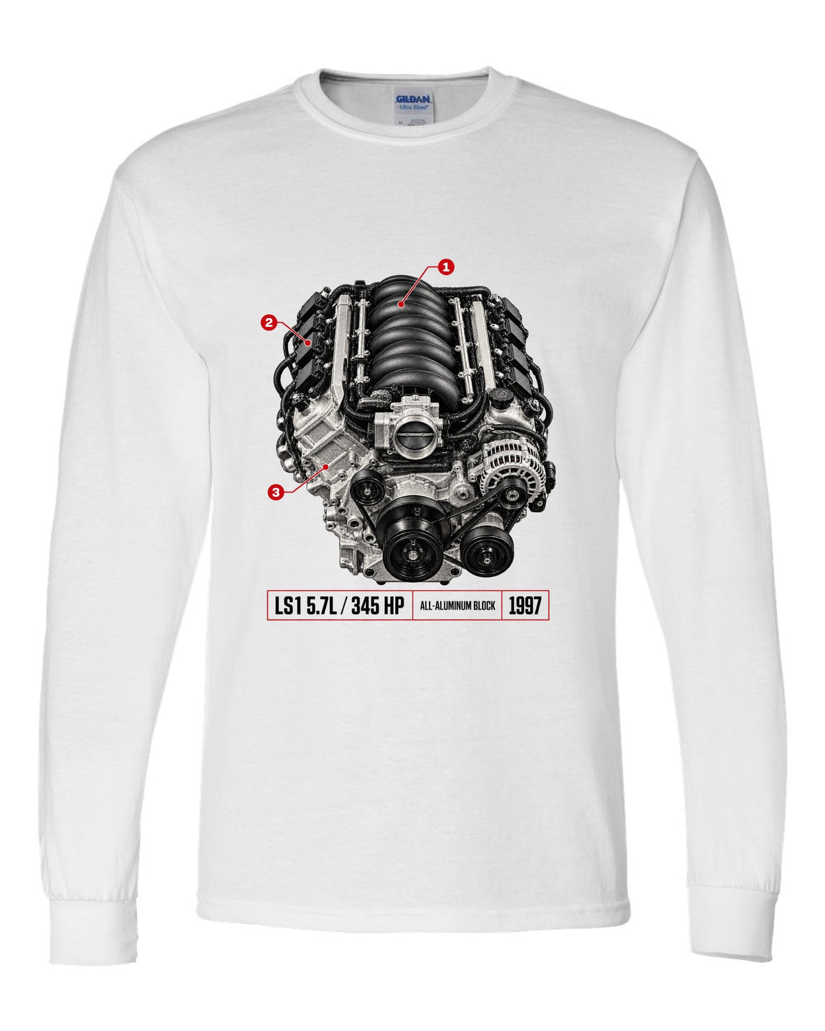 Corvette C5 coupe with LS1 5.7L engine poster print white long sleeve front view with the design