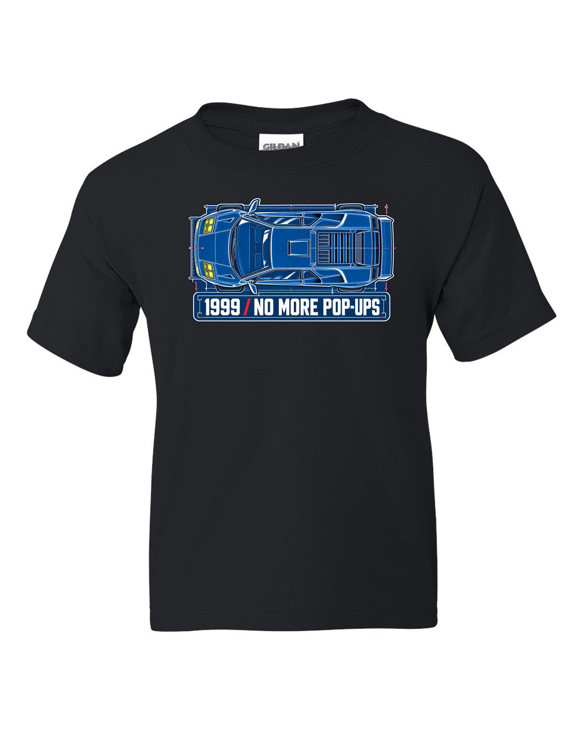 Cyanotype blueprint of a 1999 facelift Lamborghini Diablo with no more pop-ups lettering black kids tee front view with the design
