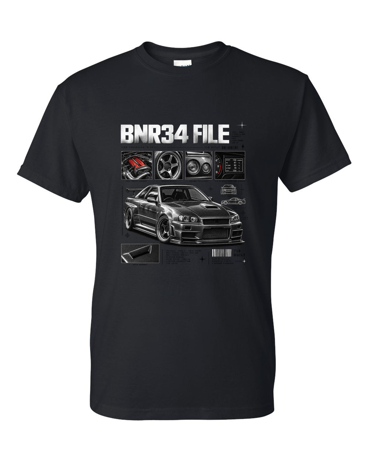 Dossier panel print of a Nissan Skyline GT-R R34 V-Spec II Nur with 718 built text black t-shirt front view with the design