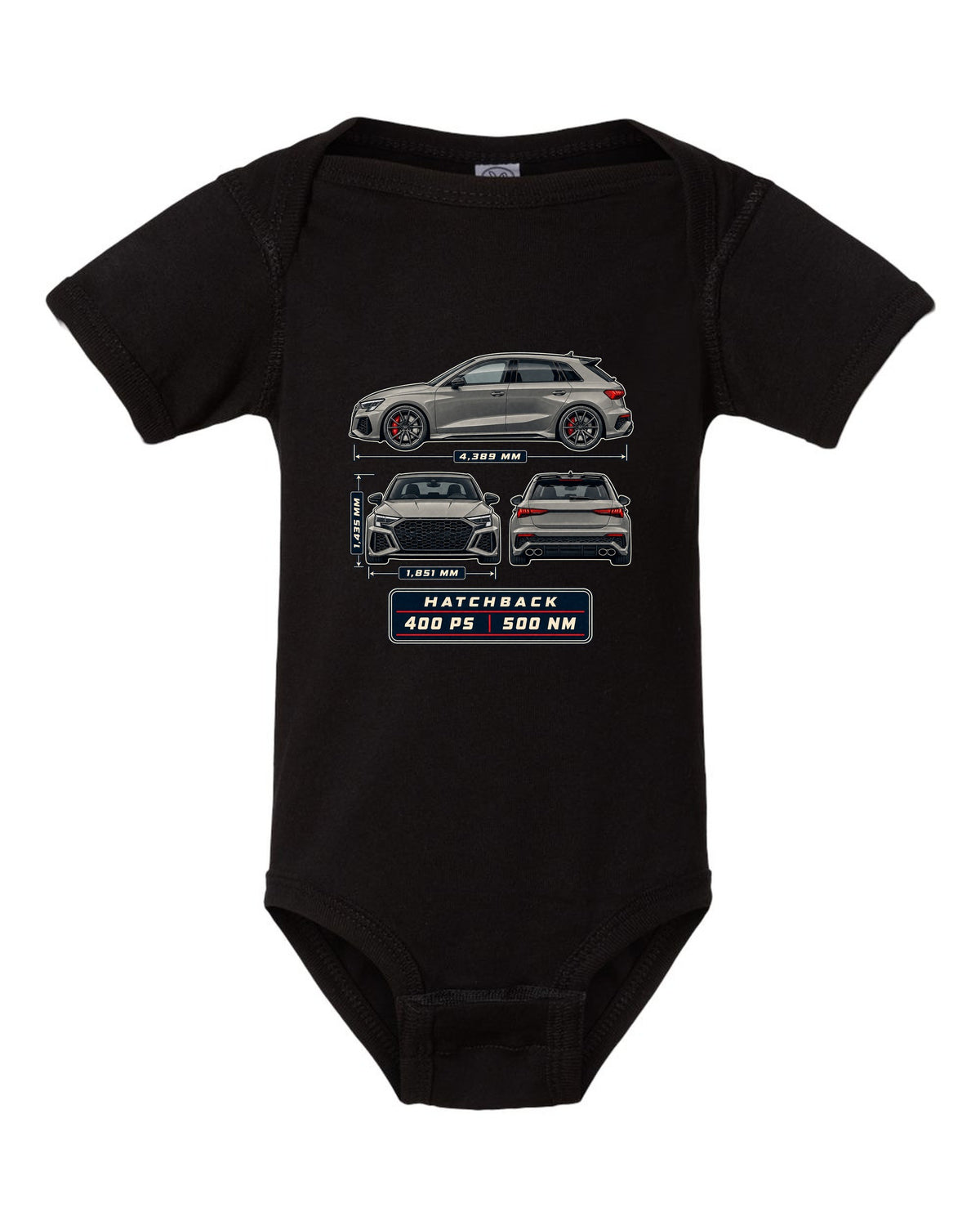 Three-view drawing and spec table of the Audi RS3 8Y Sportback black baby onesie front view with the design