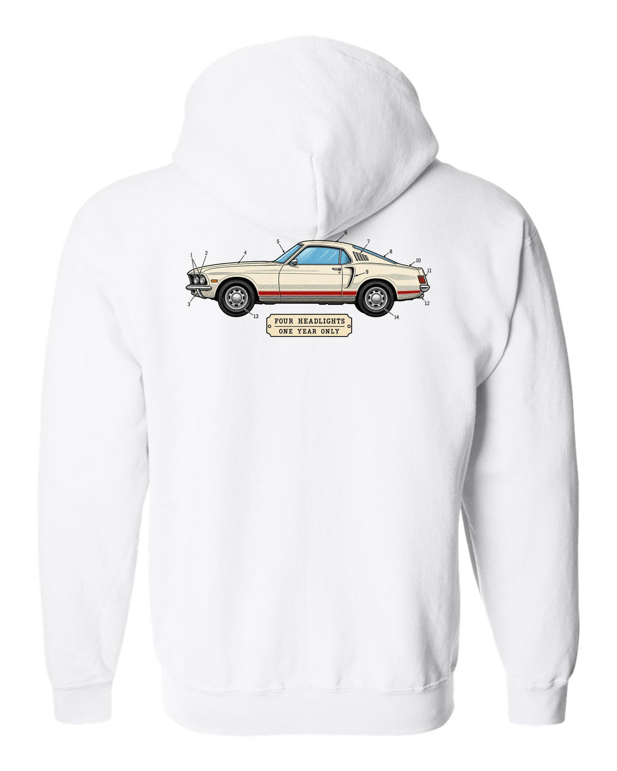 1969 Ford Mustang Fastback Patent Sheet Profile white zip hoodie back view with the design
