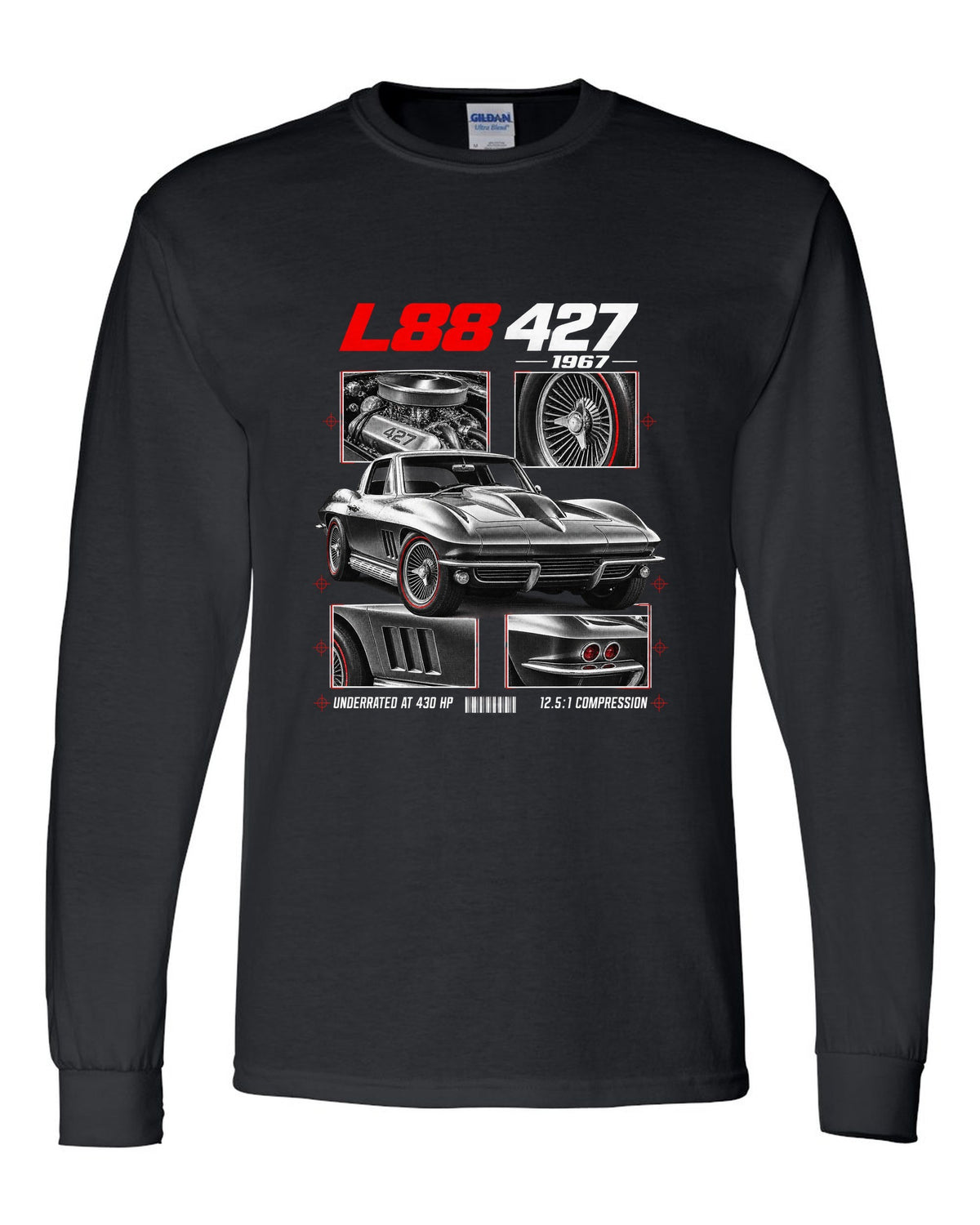 Chevrolet Corvette C2 Sting Ray 1967 L88 427 dossier print black long sleeve front view with the design