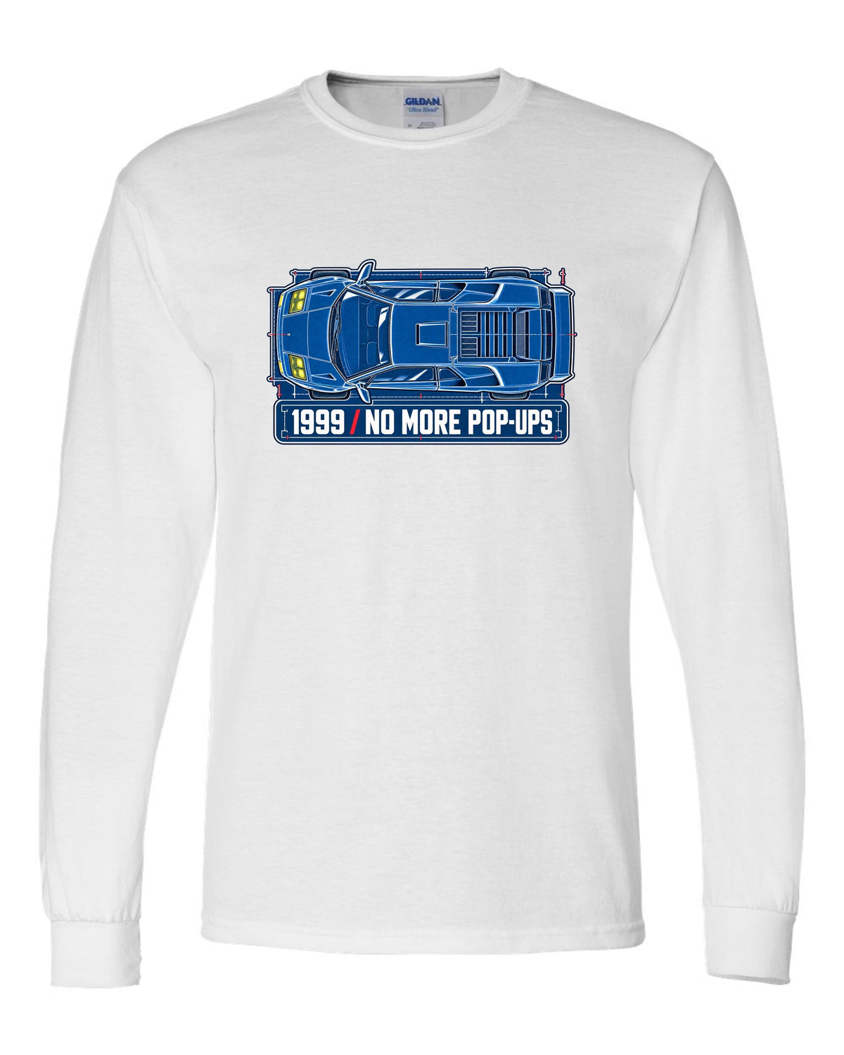 Cyanotype blueprint of a 1999 facelift Lamborghini Diablo with no more pop-ups lettering white long sleeve front view with the design
