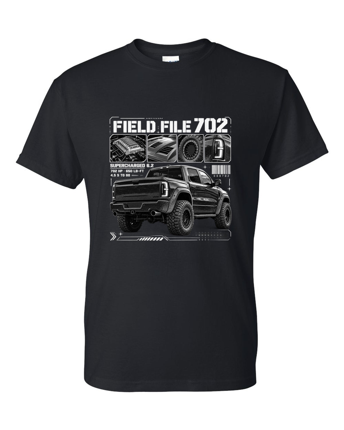 Dossier panels of a 2021-2024 Ram 1500 TRX with Field File 702, supercharged 6.2, 4.5 s to 60 black t-shirt front view with the design