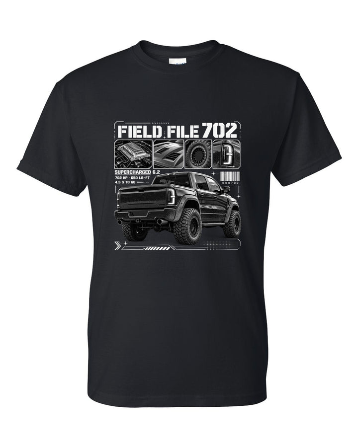 Dossier panels of a 2021-2024 Ram 1500 TRX with Field File 702, supercharged 6.2, 4.5 s to 60 black t-shirt front view with the design