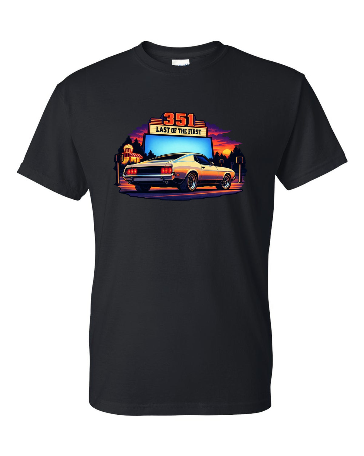 Cel-shaded anime print of a 1973 Ford Mustang fastback at a drive-in black t-shirt front view with the design