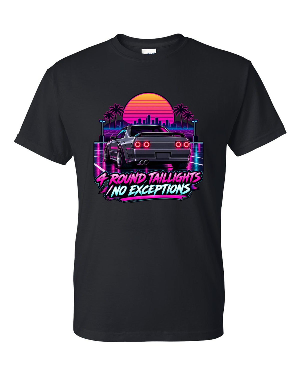 Neon synthwave print of a Nissan Skyline GT-R R32 BNR32 rear with four round taillights black t-shirt front view with the design
