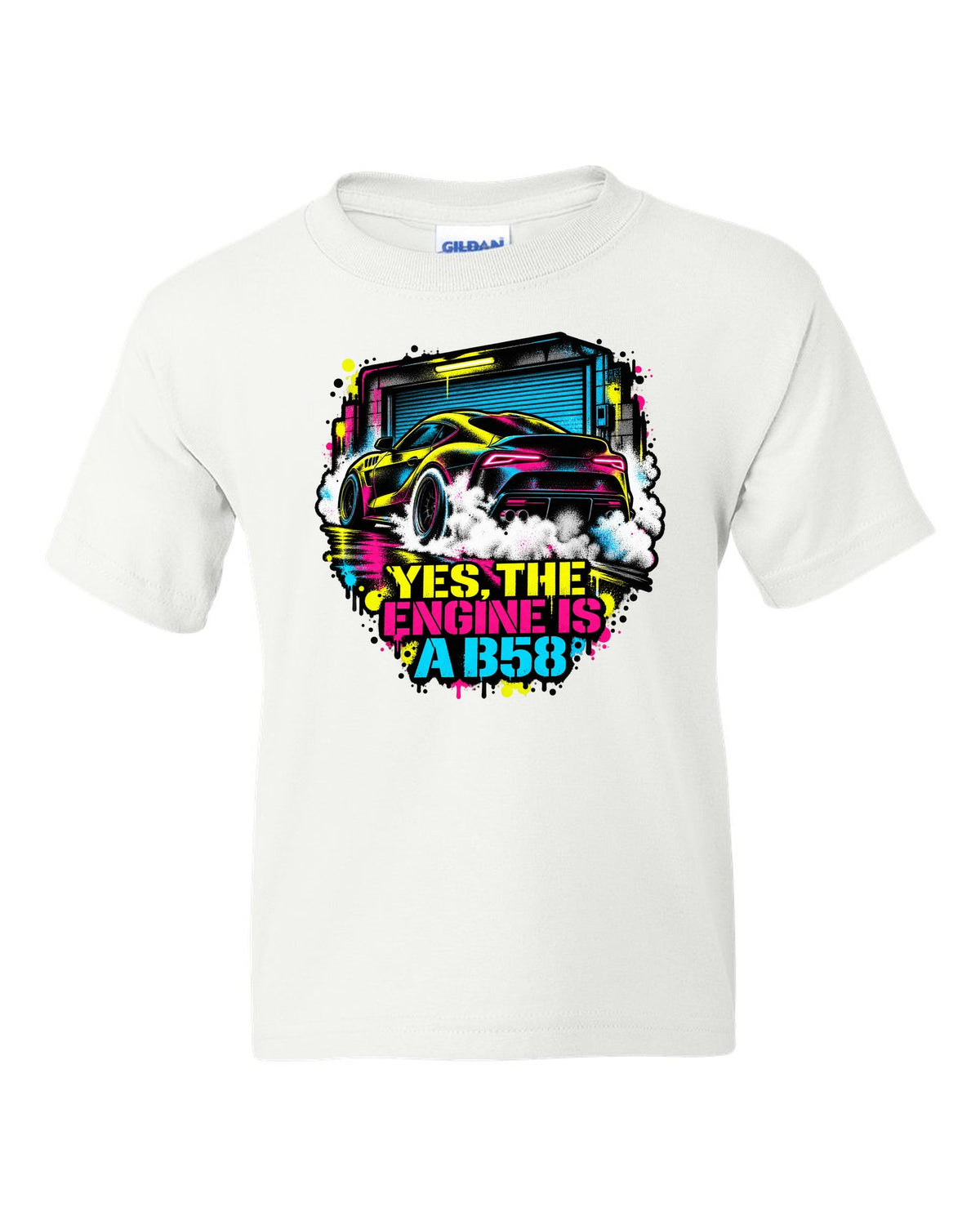 Stencil spray street art of a Toyota GR Supra A90 burnout on a garage door white kids tee front view with the design