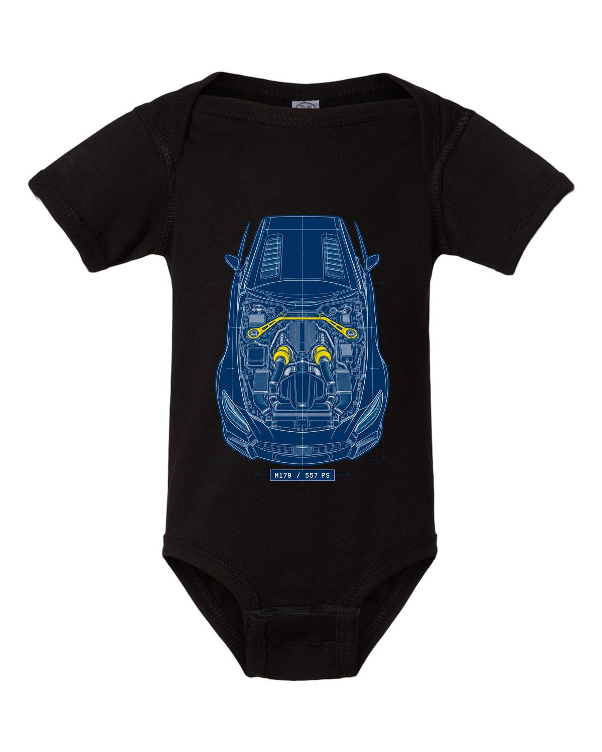 Neon synthwave illustration of Mercedes AMG GT R C190 tail lights with M178 4.0 Biturbo text black baby onesie front view with the design