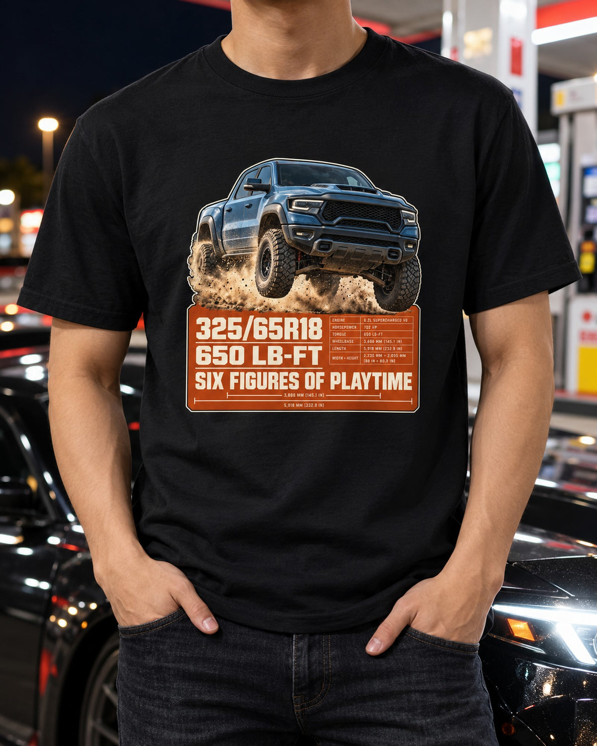 Ram 1500 TRX Spec Poster Shirt, 325/65R18 Truck Tee T-Shirt Black worn hero