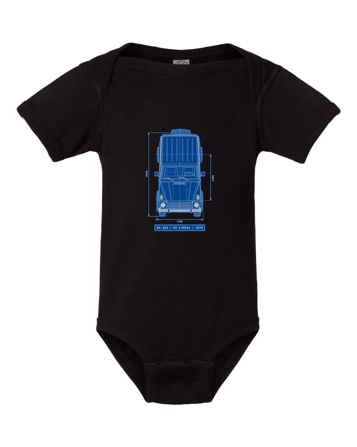 Neon synthwave taillights graphic of a Mercedes G63 W464 with exhaust exits text, print black baby onesie front view with the design