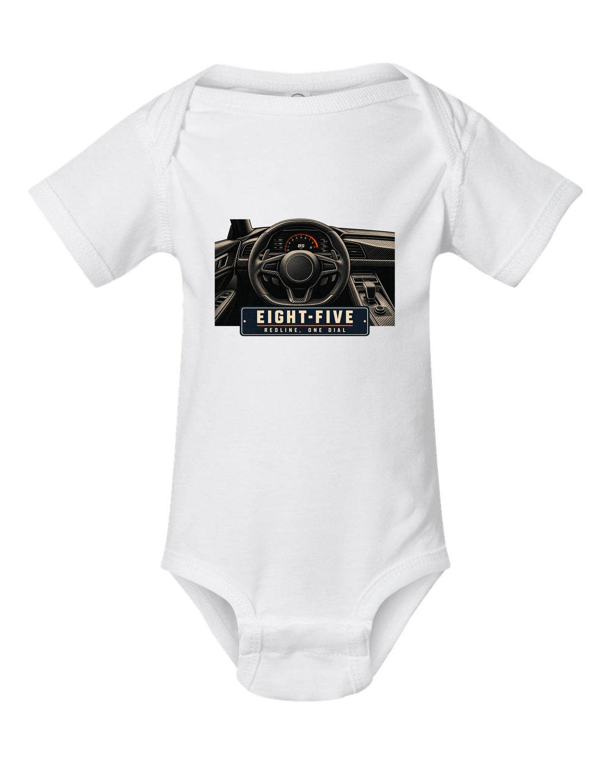 Cockpit and single dial of the Koenigsegg Jesko with carbon tub and flat dash, print white baby onesie front view with the design