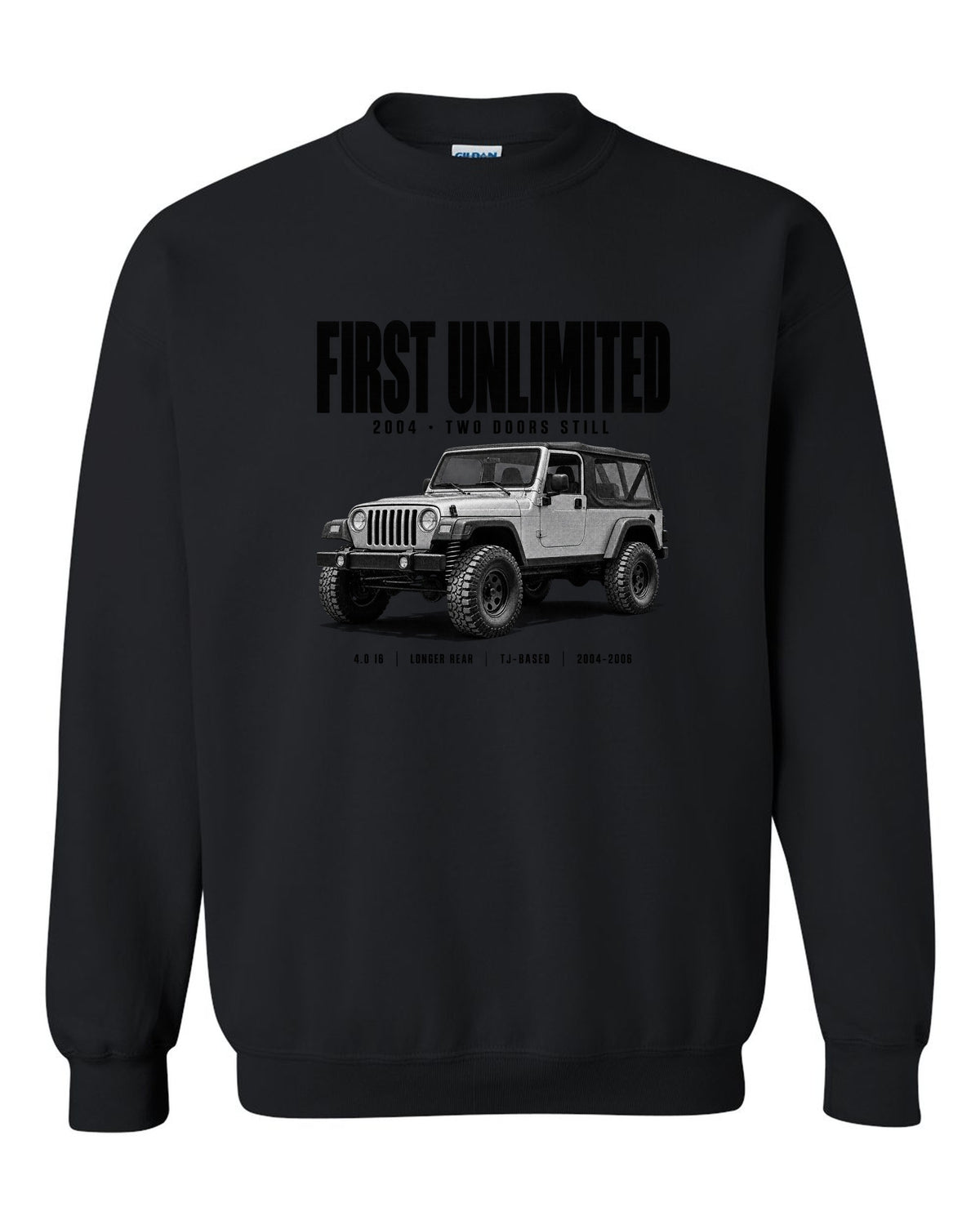 Halftone print for the Jeep Wrangler LJ Unlimited, First Unlimited 2004 black crewneck front view with the design
