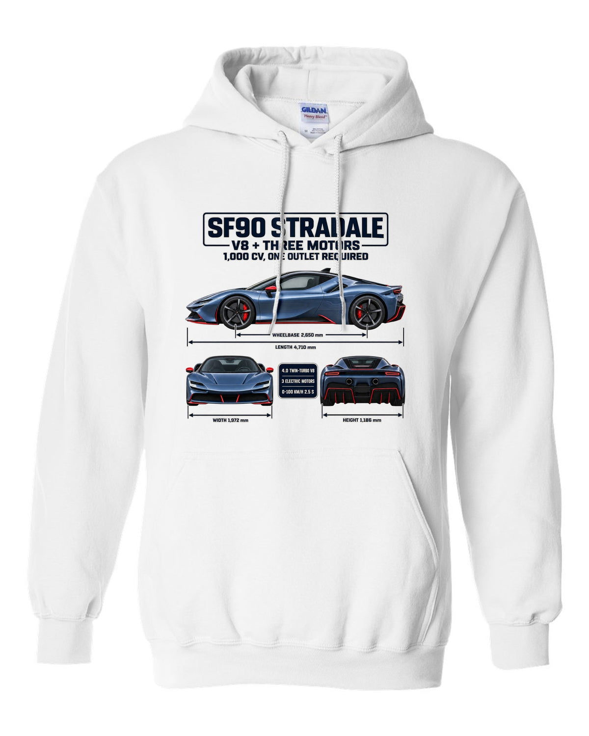 Ferrari SF90 Stradale three-view spec sheet print with V8 plus three motors, 1,000 CV white pull over hoodie front view with the design