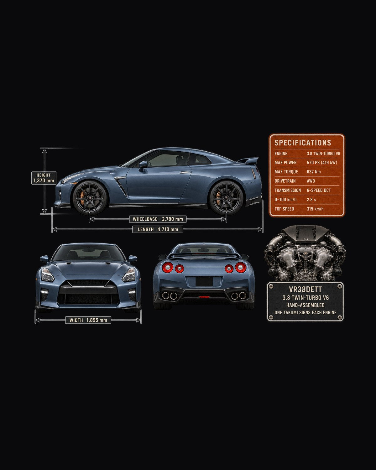 Nissan GT-R R35 Dimension Blueprint Tee, VR38DETT Car Shirt design only