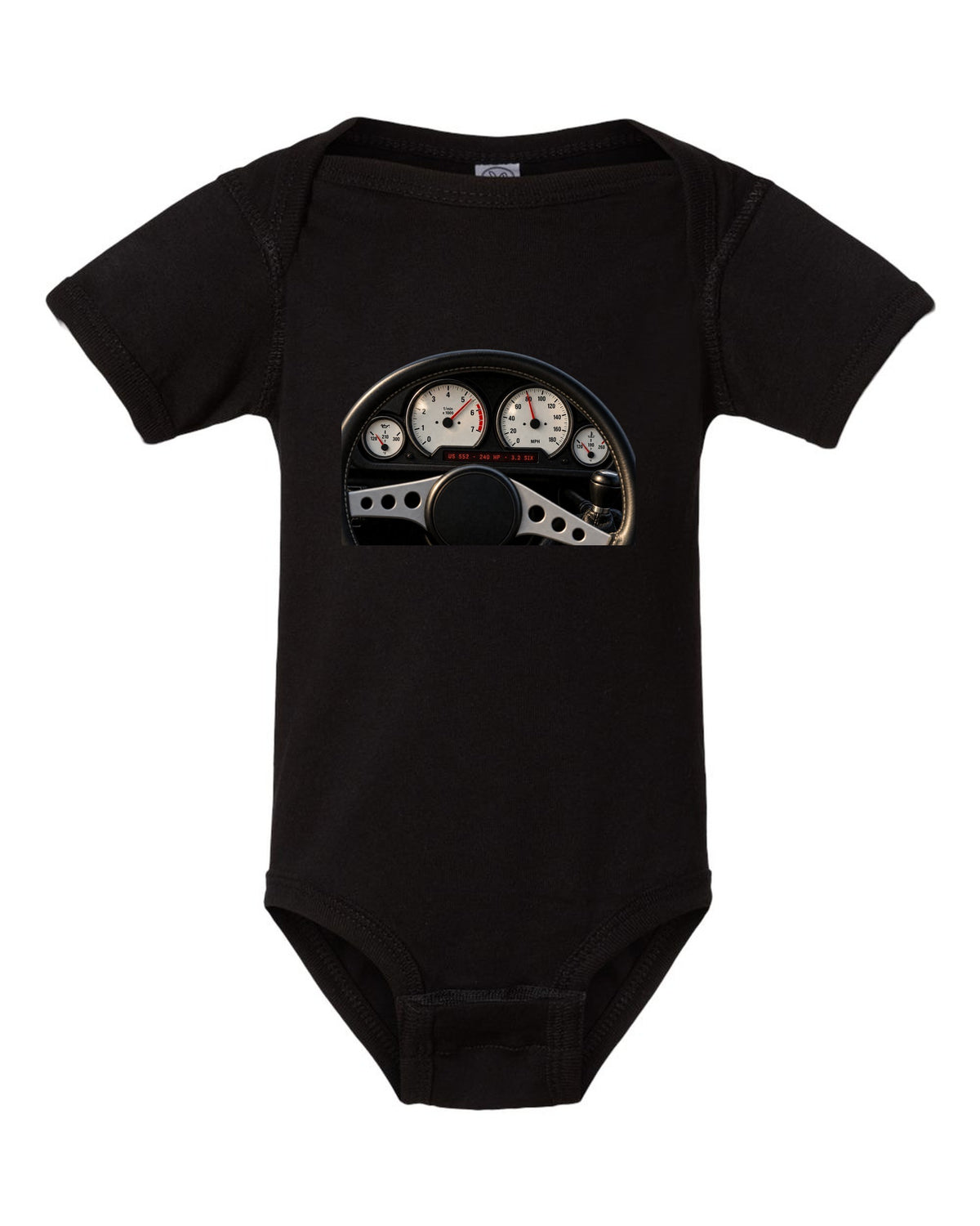 BMW E36 M3 coupe US S52 cockpit gauge print with 240 HP and 3.2 six text black baby onesie front view with the design