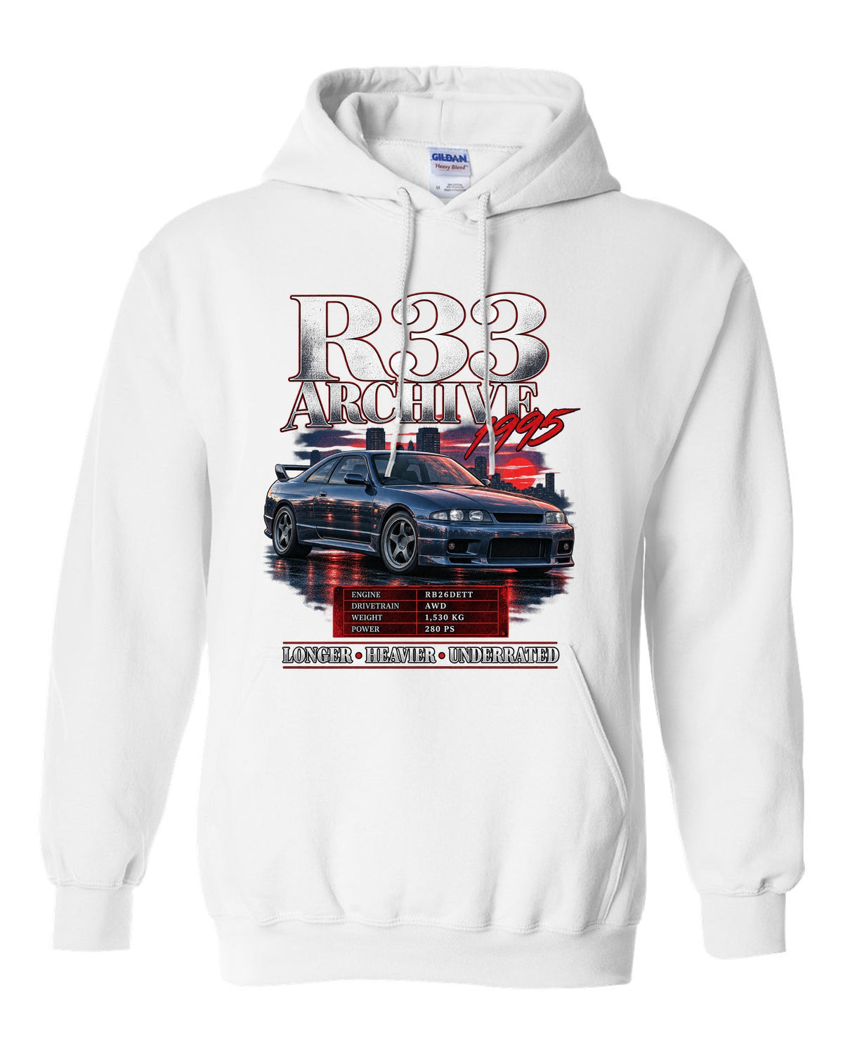 Archive panel print of a Nissan Skyline GT-R R33 BCNR33 with spec lettering white pull over hoodie front view with the design