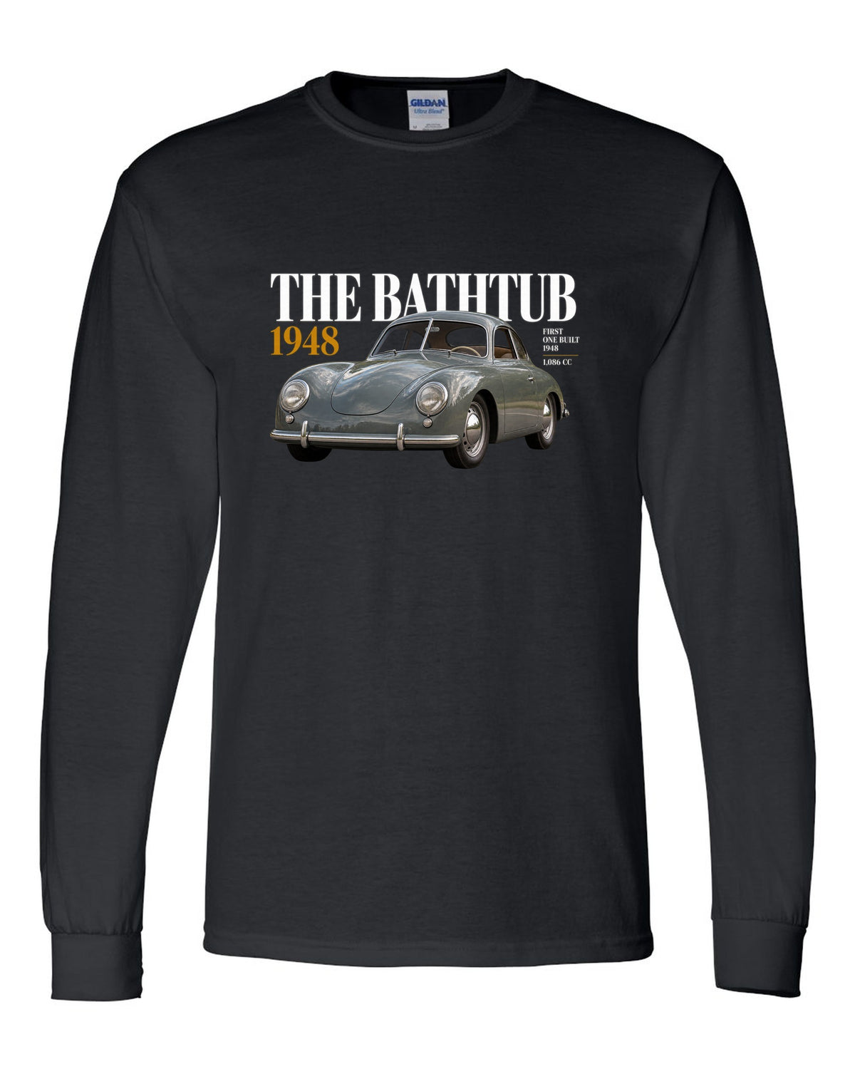 Editorial headline print of the 1948 Porsche 356 Pre-A coupe nicknamed the Bathtub black long sleeve front view with the design