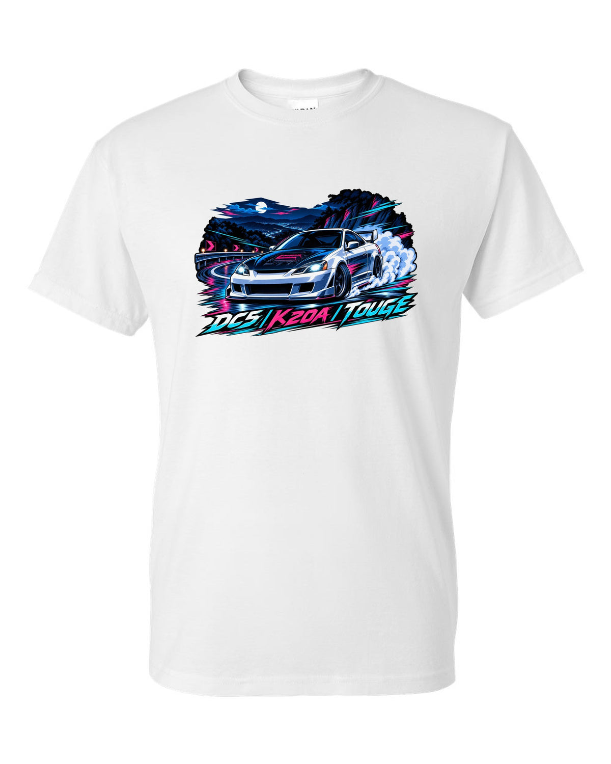 Crest layout print for the Honda Integra Type R DC5 with 6MT only text white t-shirt front view with the design