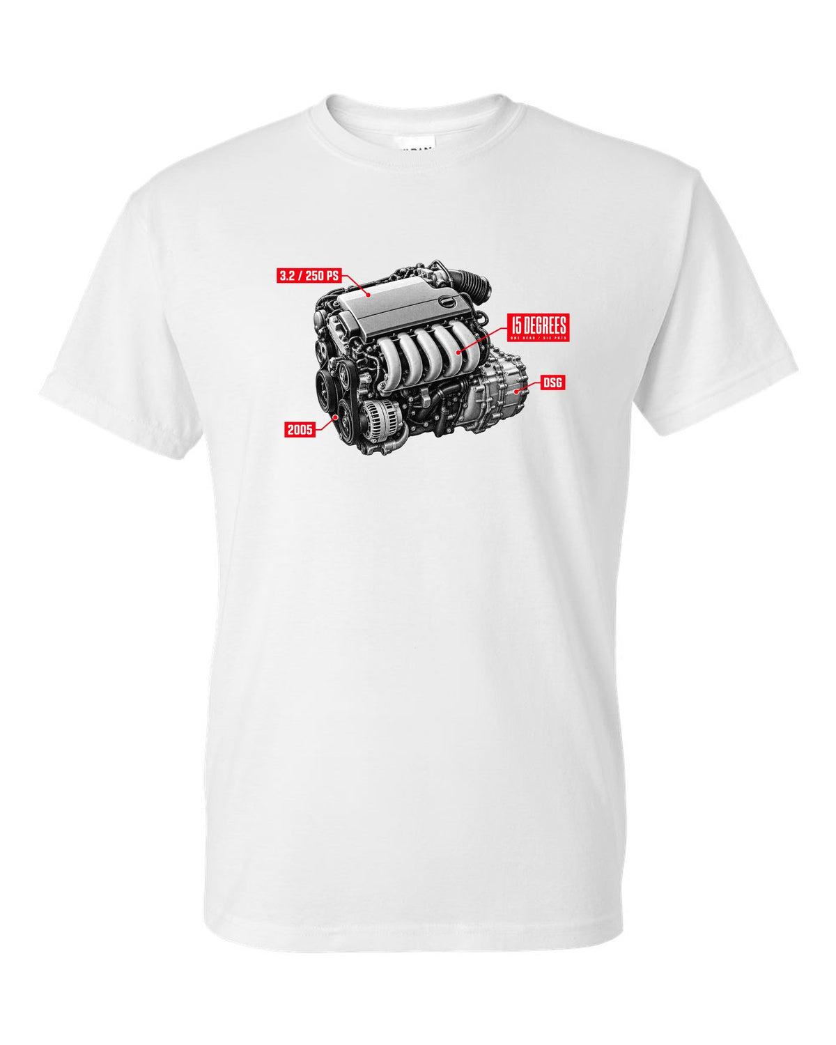 VW Golf R32 Mk5 2005 VR6 engine hero design with 15 degrees one head text white t-shirt front view with the design