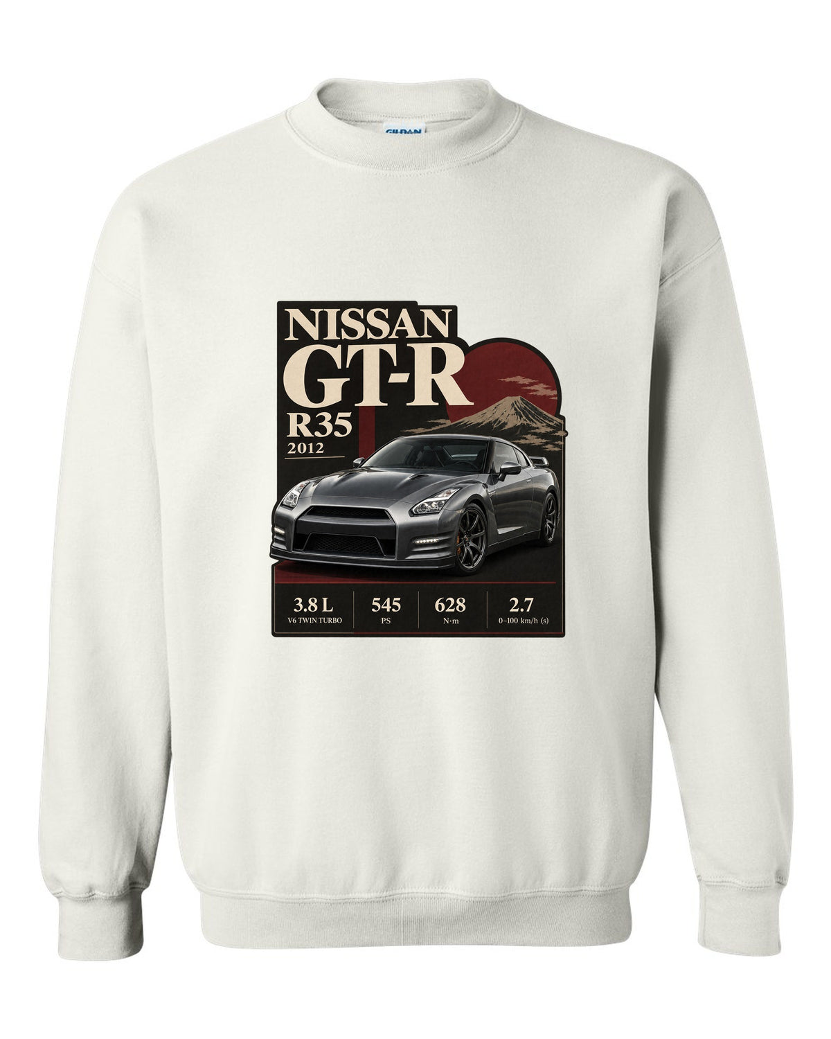 Nissan GT-R R35 2013 Track Edition in dossier panel layout white crewneck front view with the design