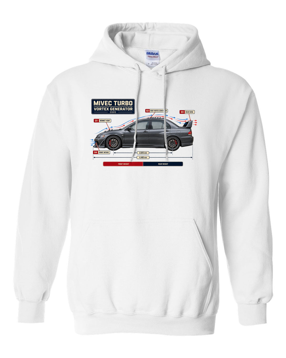 Lancer Evolution IX Aero Callout Diagram Tee, MIVEC Turbo white pull over hoodie front view with the design