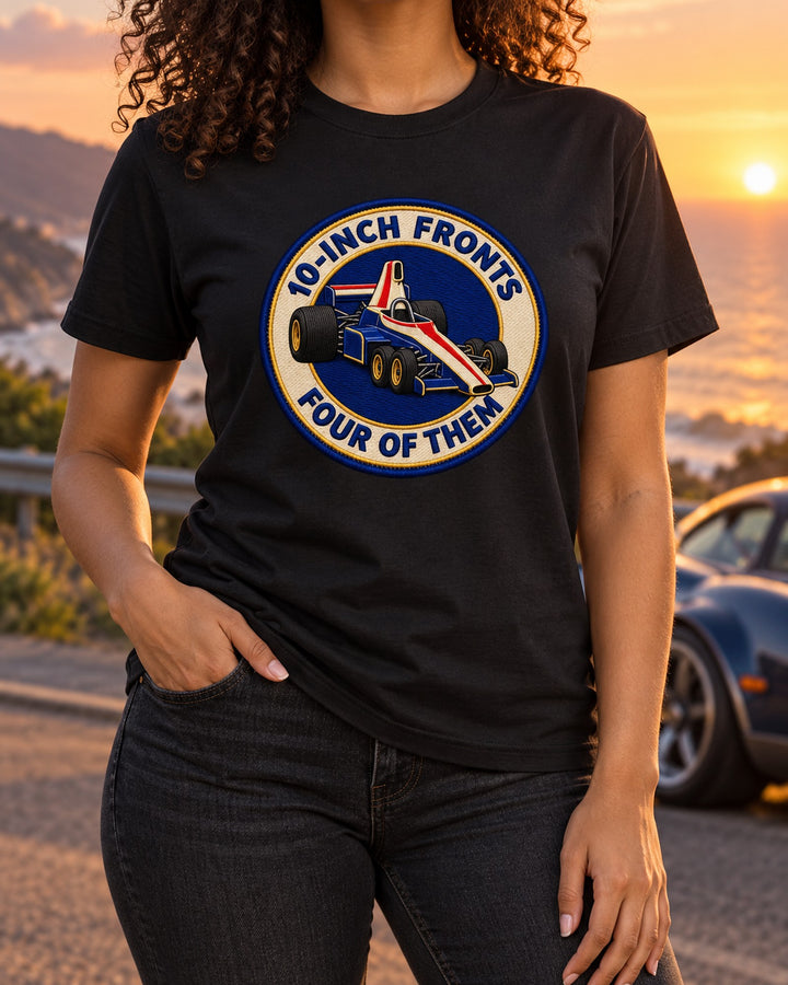 Tyrrell P34 Six Wheels Varsity Crest Formula 1 Shirt T-Shirt Black worn hero