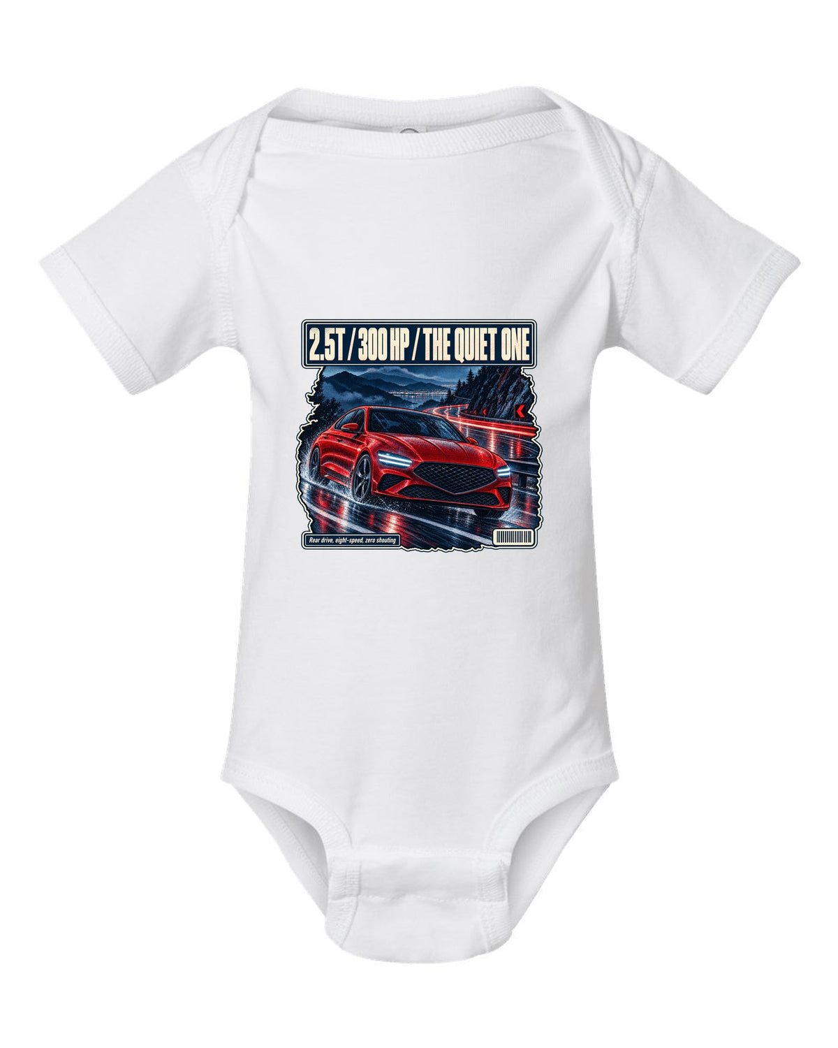 Night touge print of the Genesis G70 with 2.5T 300 HP lettering white baby onesie front view with the design