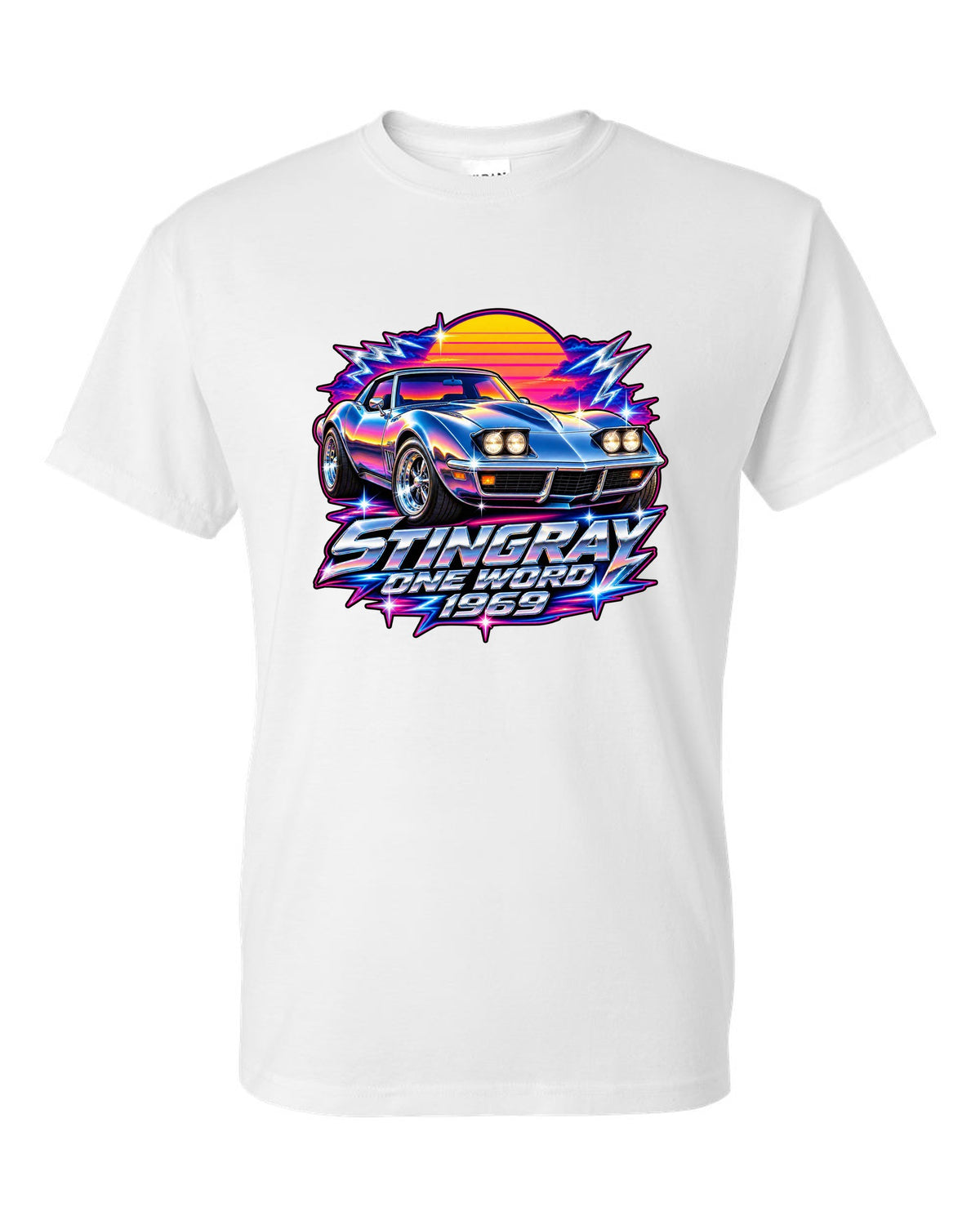 80s chrome airbrush print of a 1969 Chevrolet Corvette C3 Stingray with Stingray One Word 1969 text white t-shirt front view with the design