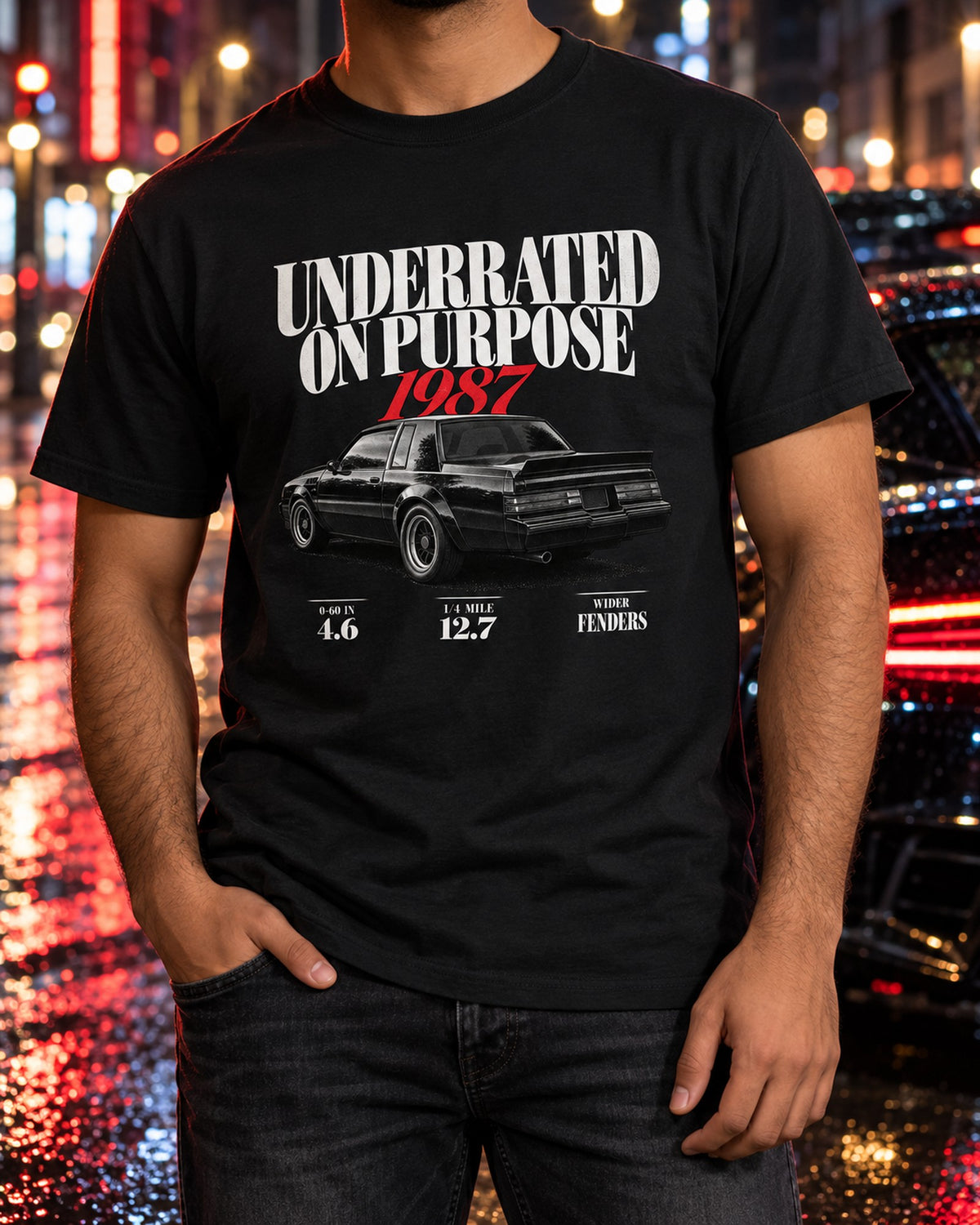 1987 Buick GNX Underrated Editorial Headline Graphic Tee T-Shirt Black worn hero