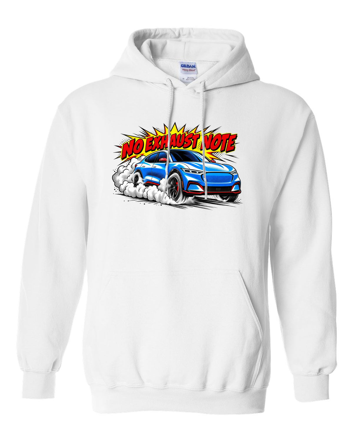 Comic halftone pop-art print of a 2020 Mustang Mach-E CX727 burnout reading No Exhaust Note white pull over hoodie front view with the design