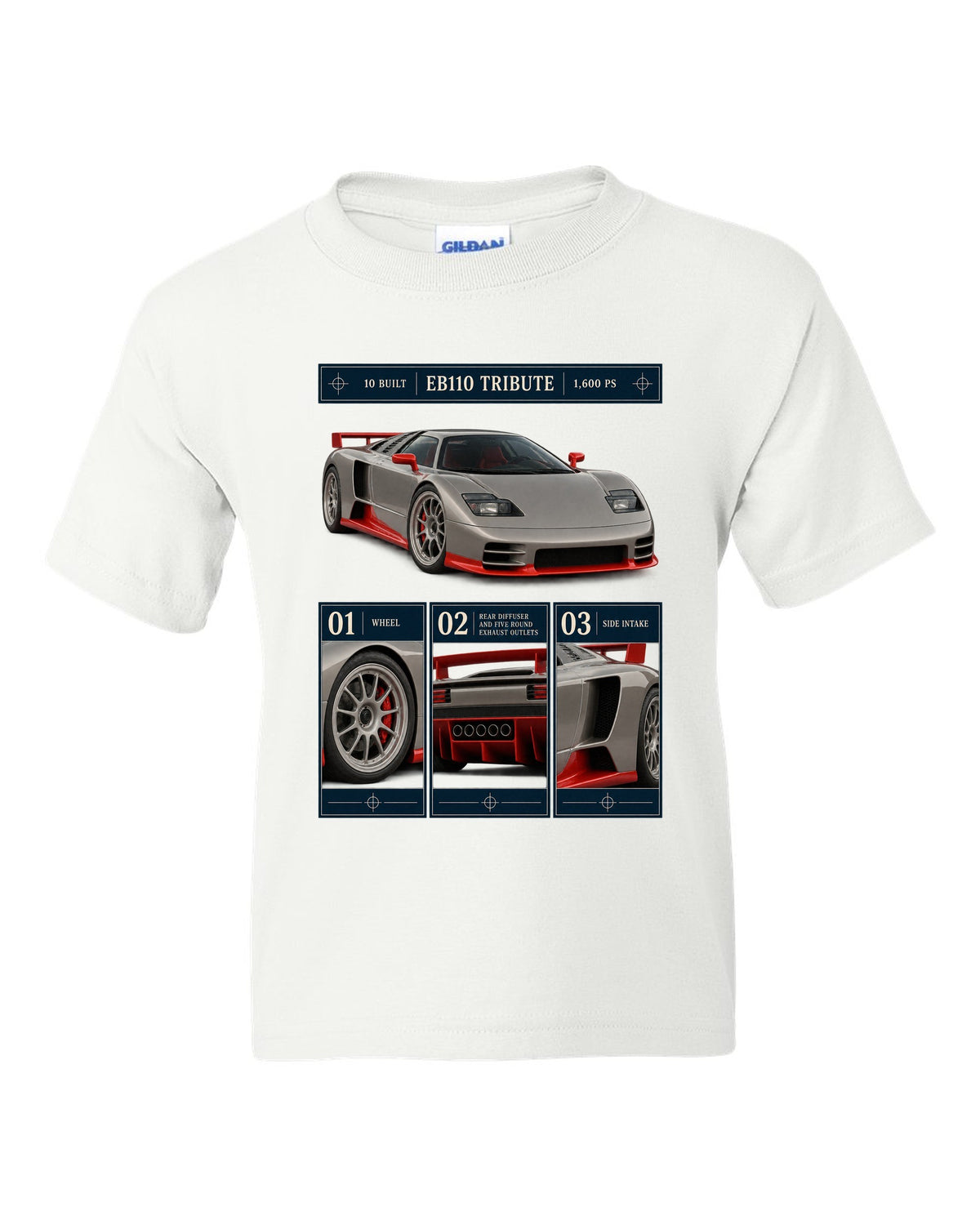 Bugatti Centodieci dossier panel print noting EB110 tribute and 10 built white kids tee front view with the design