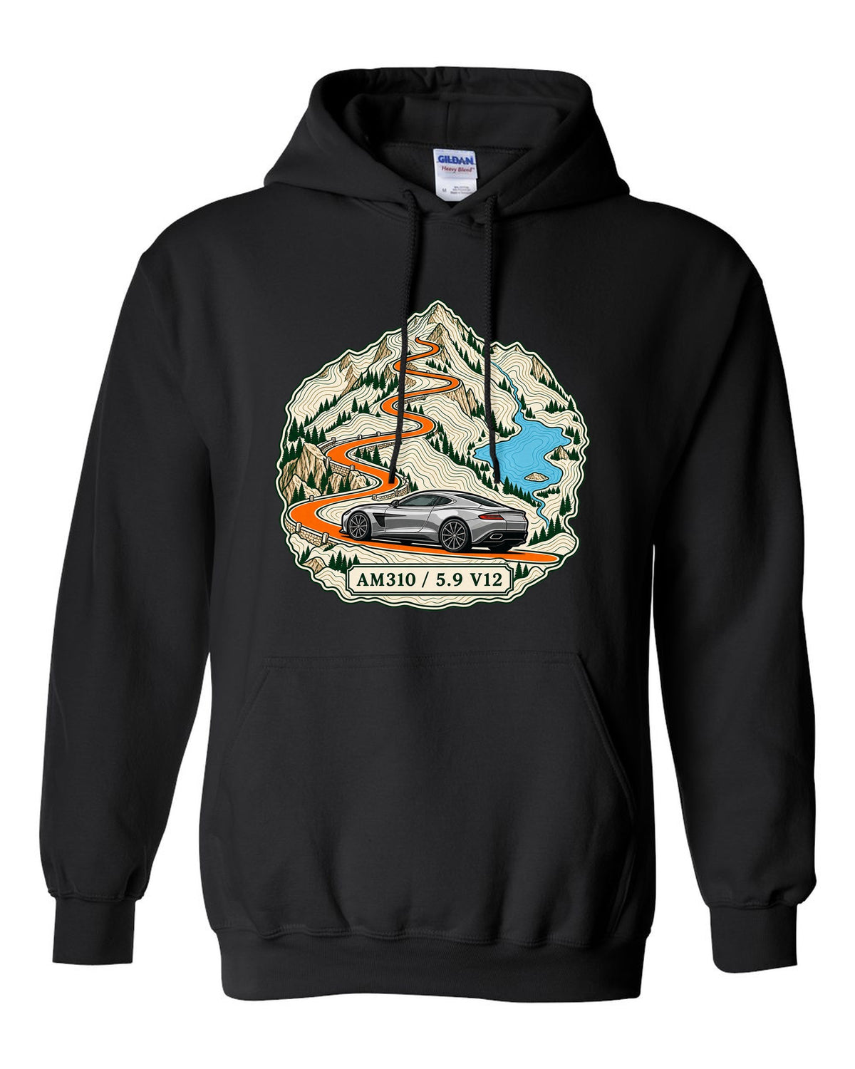 Topographic ridge route map print for the 2012 Aston Martin Vanquish AM310 with 5.9 V12 lettering black pull over hoodie front view with the design