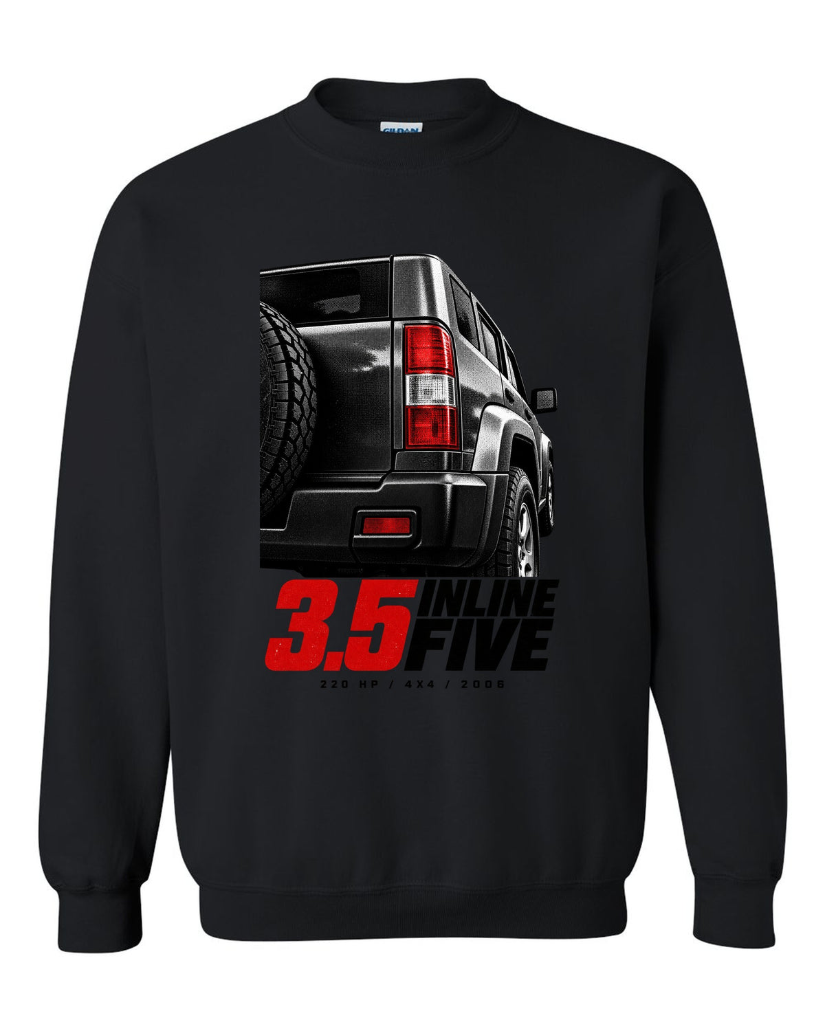 Macro print of a 2006-10 Hummer H3 taillight with engine lettering black crewneck front view with the design