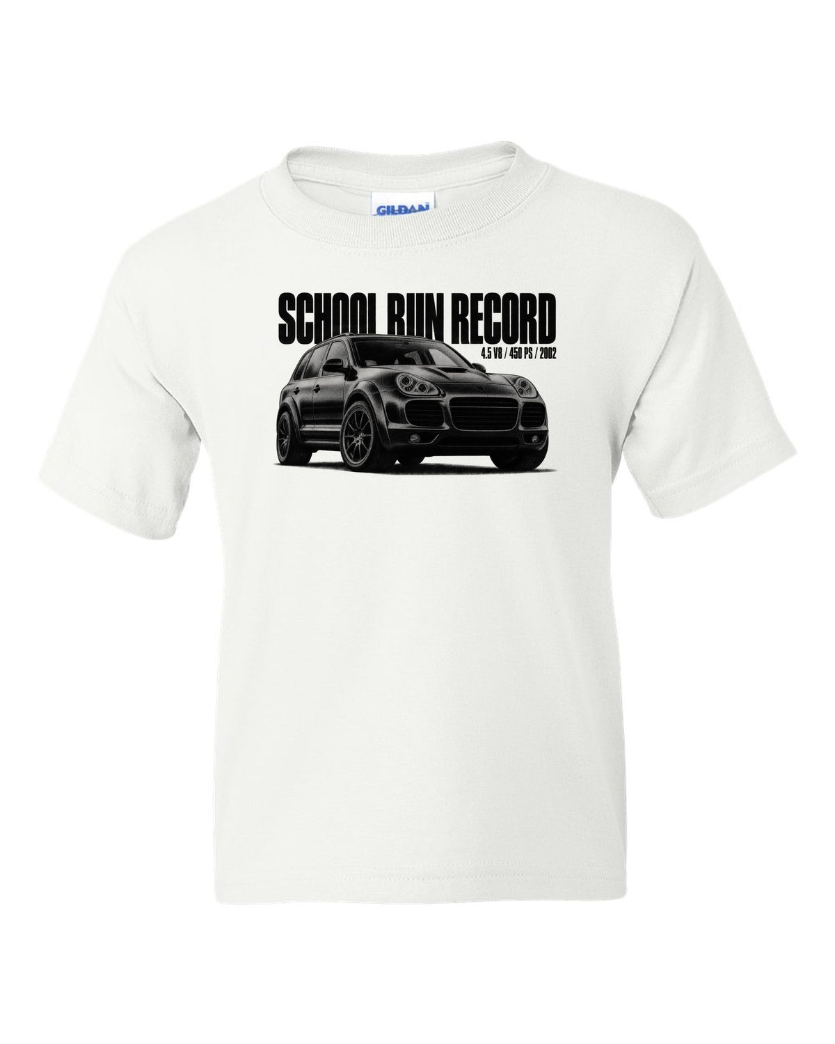Halftone print of a Porsche Cayenne Turbo 955 with School Run Record caption white kids tee front view with the design