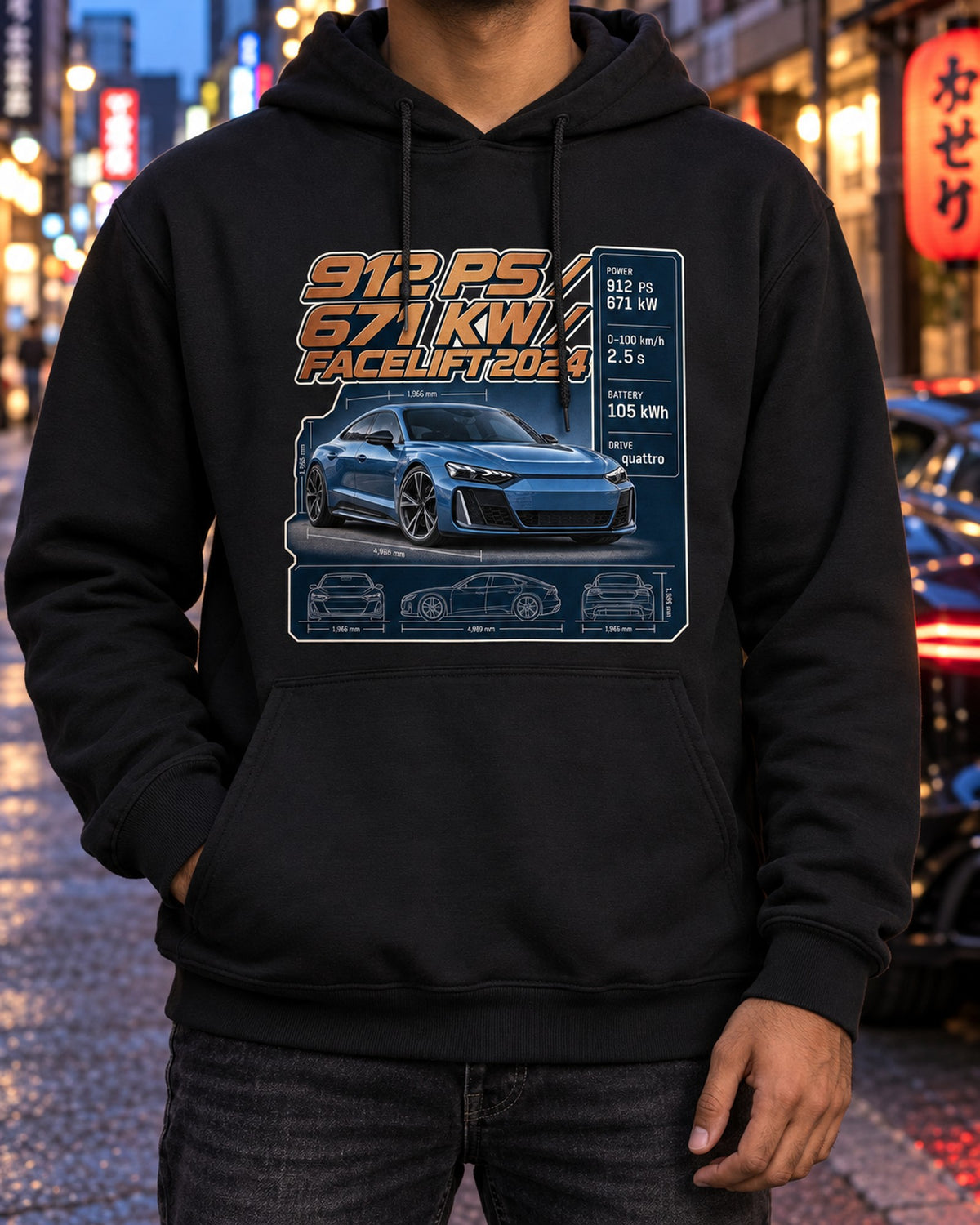 Audi RS e-tron GT Performance Facelift Spec Poster Tee, 912 PS Pull Over Hoodie Black worn hero