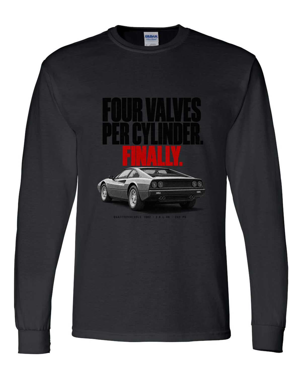 Ferrari 308 GTB Quattrovalvole 1982 rear three-quarter halftone print, four valves per cylinder black long sleeve front view with the design