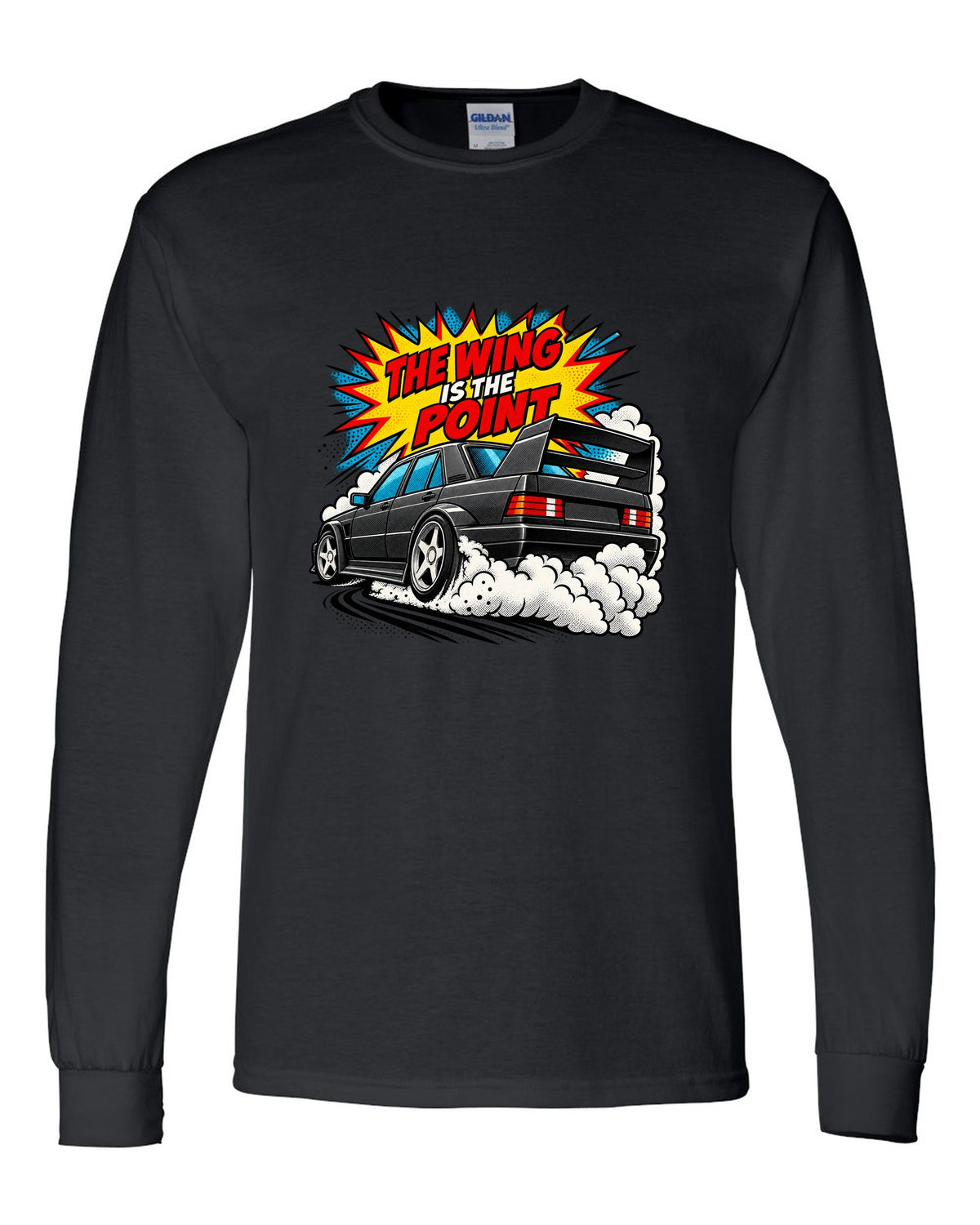 Comic halftone pop-art print of a Mercedes 190E Evo II W201 with rear wing black long sleeve front view with the design