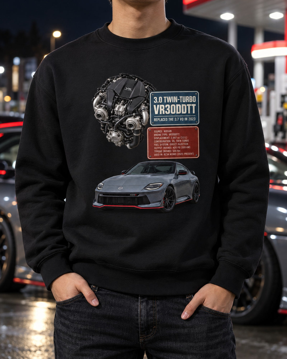 Nissan Z RZ34 Manual Three-View Shirt, Six-Speed Tee Crewneck Black worn hero