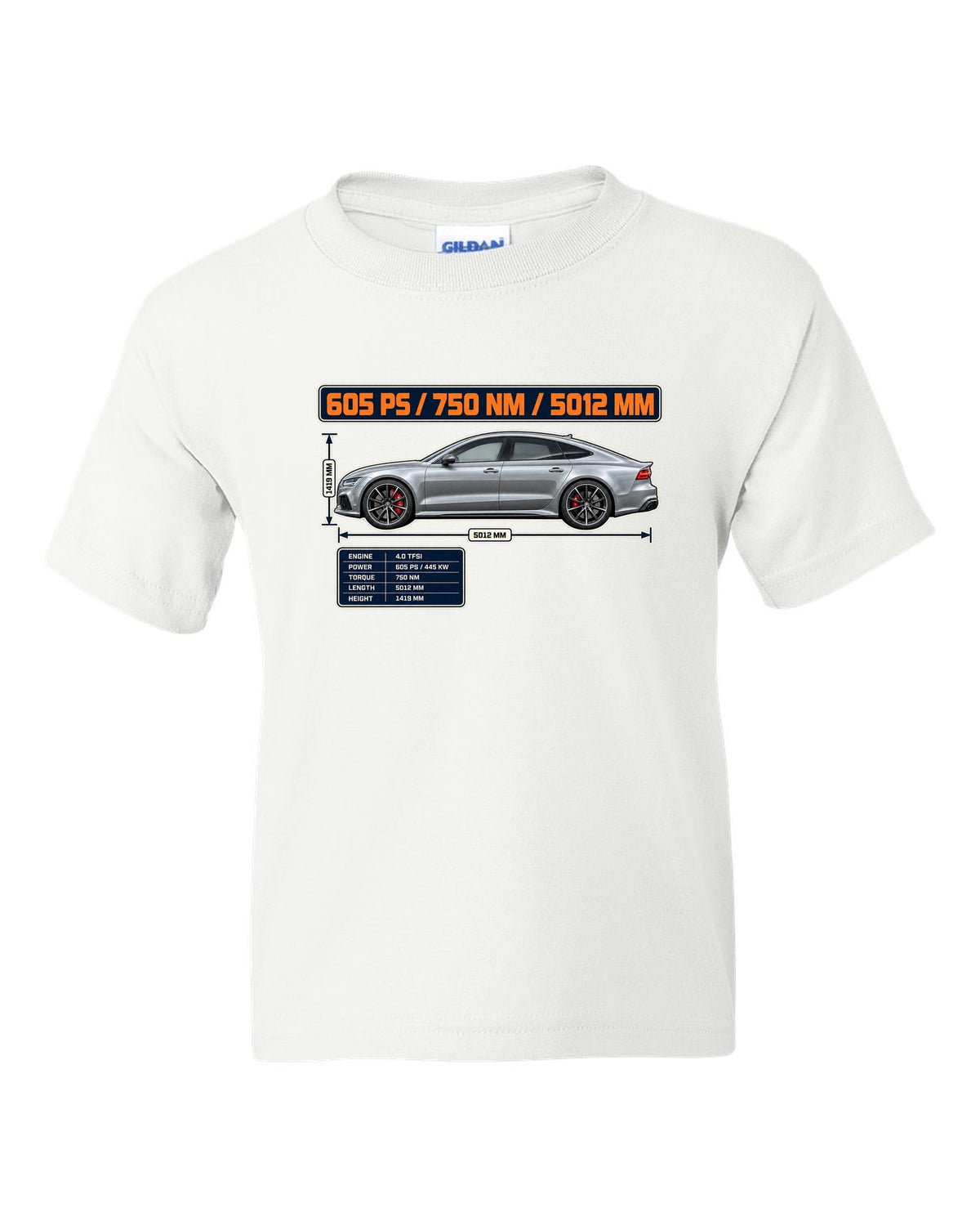 Audi RS7 Sportback performance C7 spec poster print white kids tee front view with the design