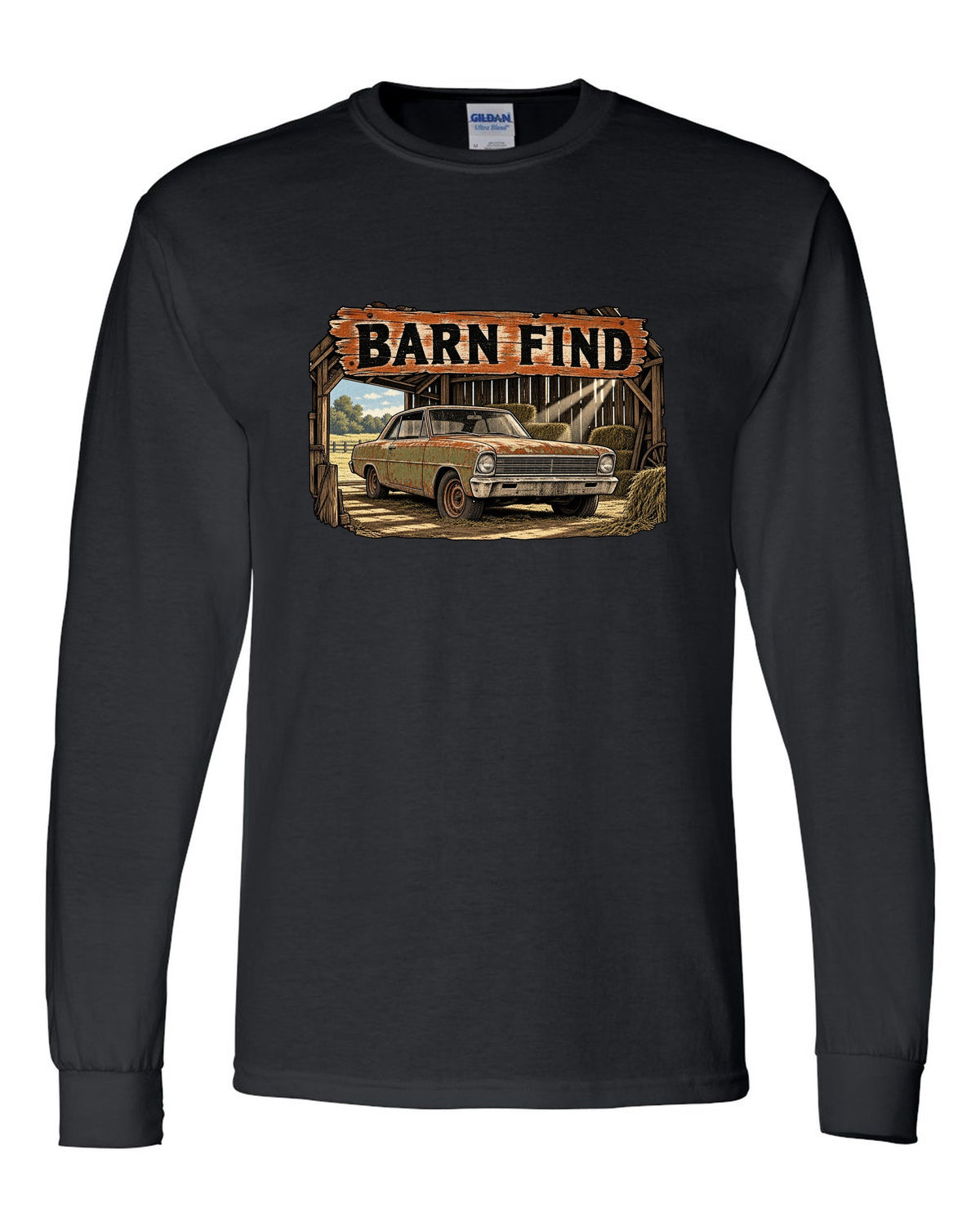 Retro manga halftone print of a 1966 Chevrolet Nova Chevy II with the text Barn Find black long sleeve front view with the design