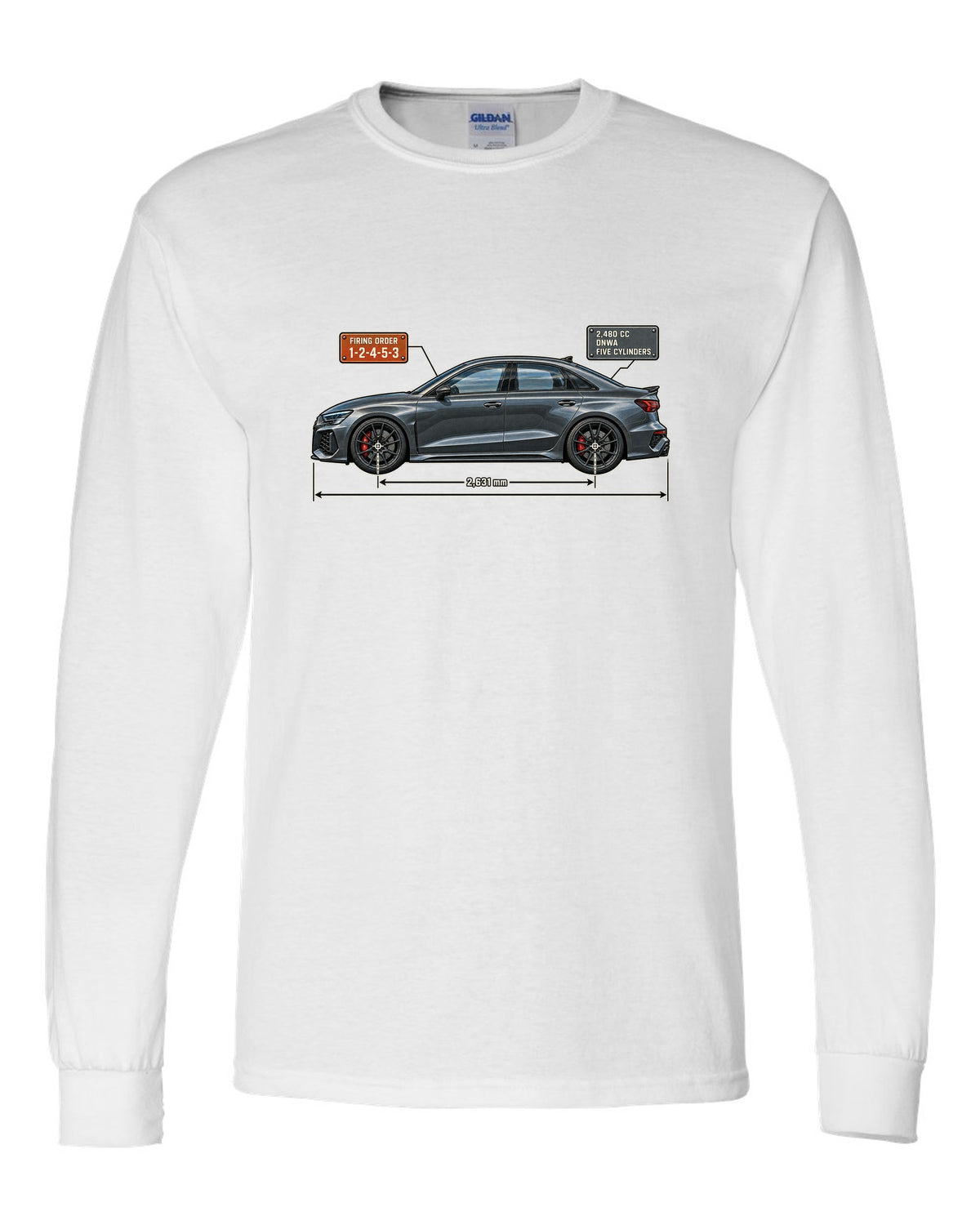 Blueprint of the Audi RS3 8Y sedan with 1-2-4-5-3 firing order white long sleeve front view with the design