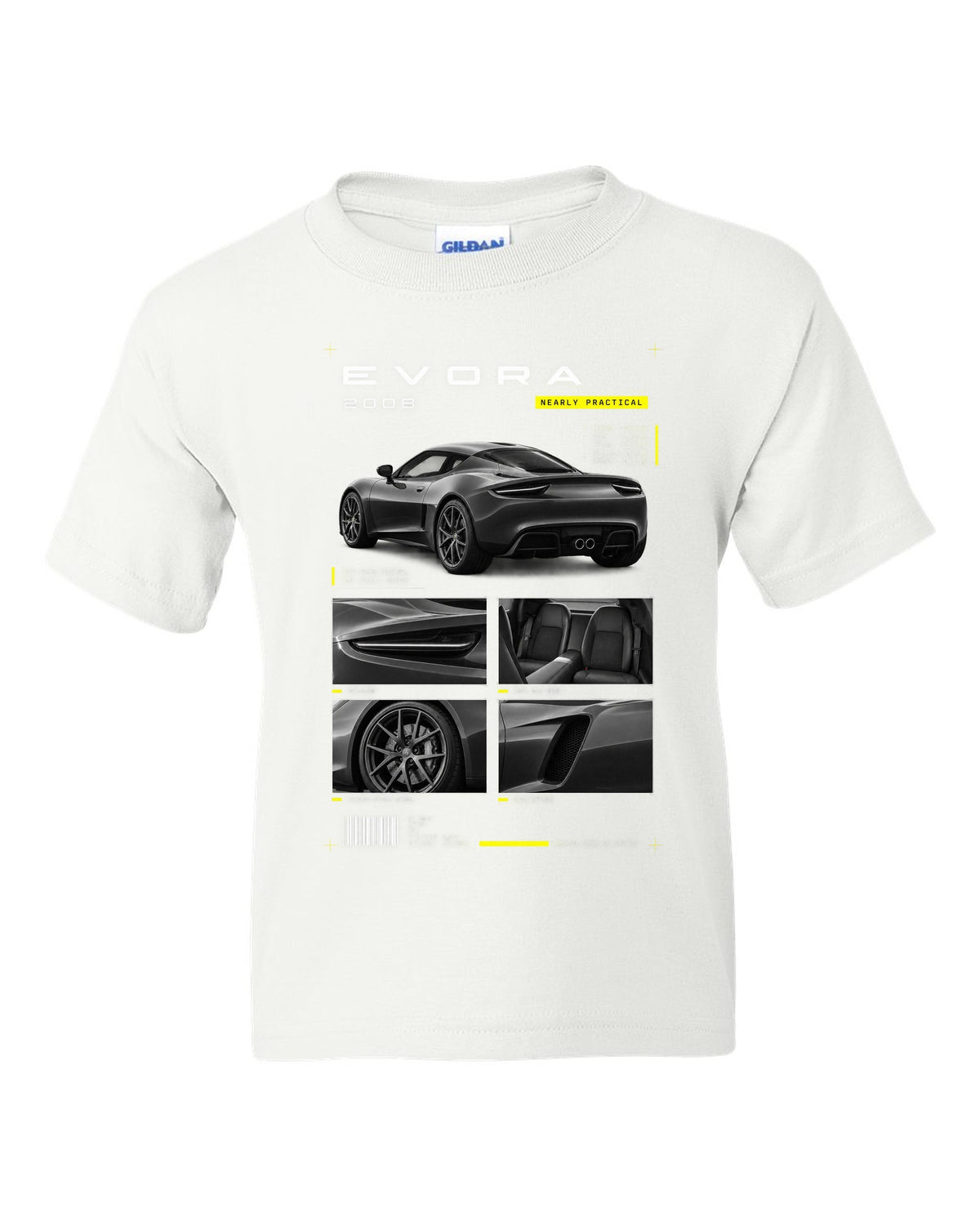 Lotus Evora 2008 dossier panels print white kids tee front view with the design