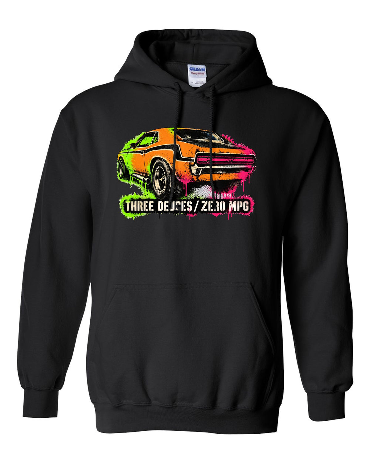 1970 Dodge Challenger T/A gas-station stencil spray paint print with Three Deuces Zero MPG text black pull over hoodie front view with the design