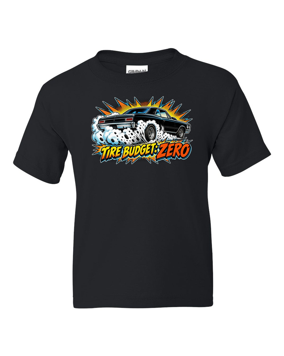 Comic halftone burst illustration of a 1966 Chevrolet Chevelle Malibu SS doing a burnout black kids tee front view with the design