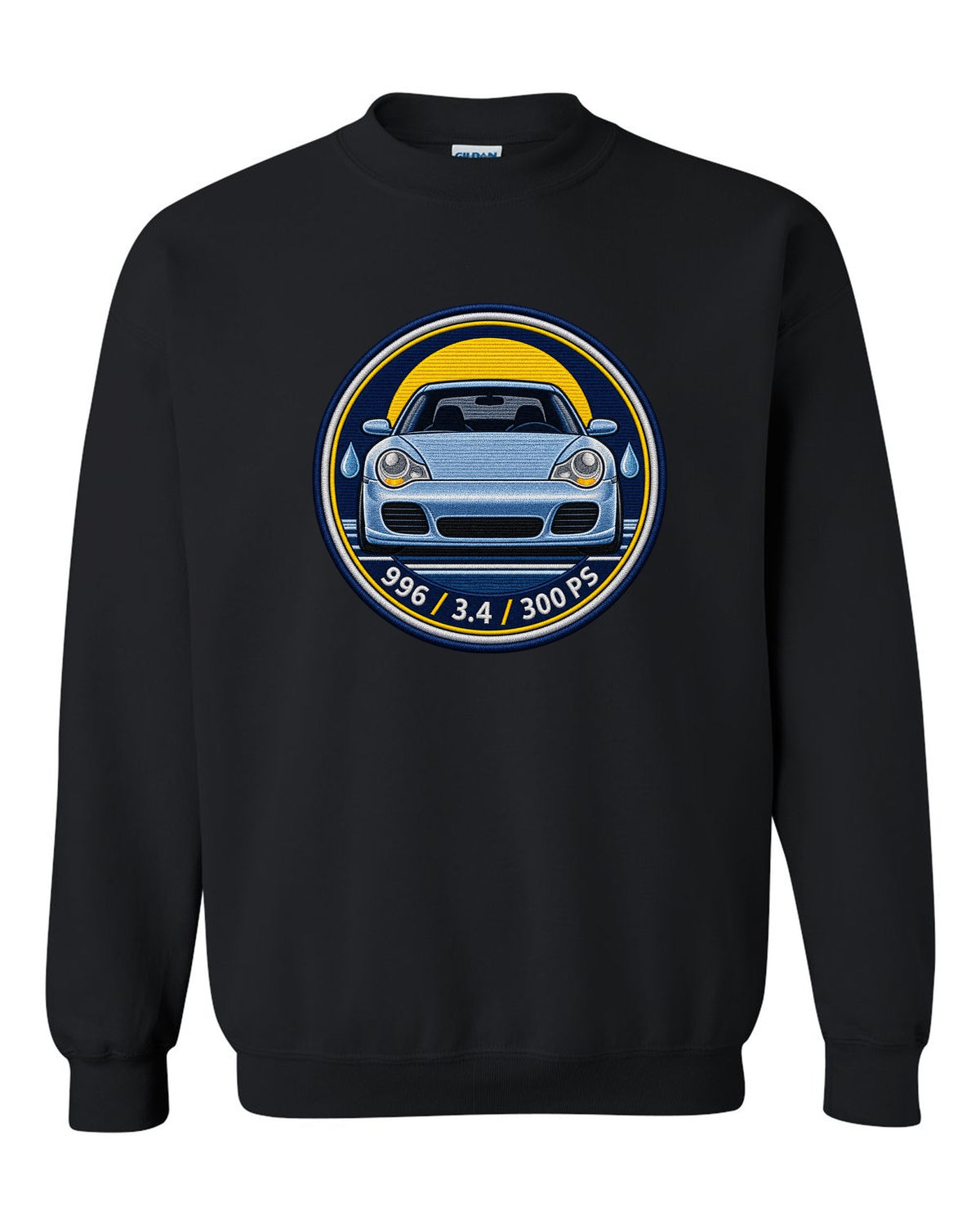 Round crest print of a 2004 Porsche 911 Carrera 997 with the text 997, 3.6 and 325 PS black crewneck front view with the design
